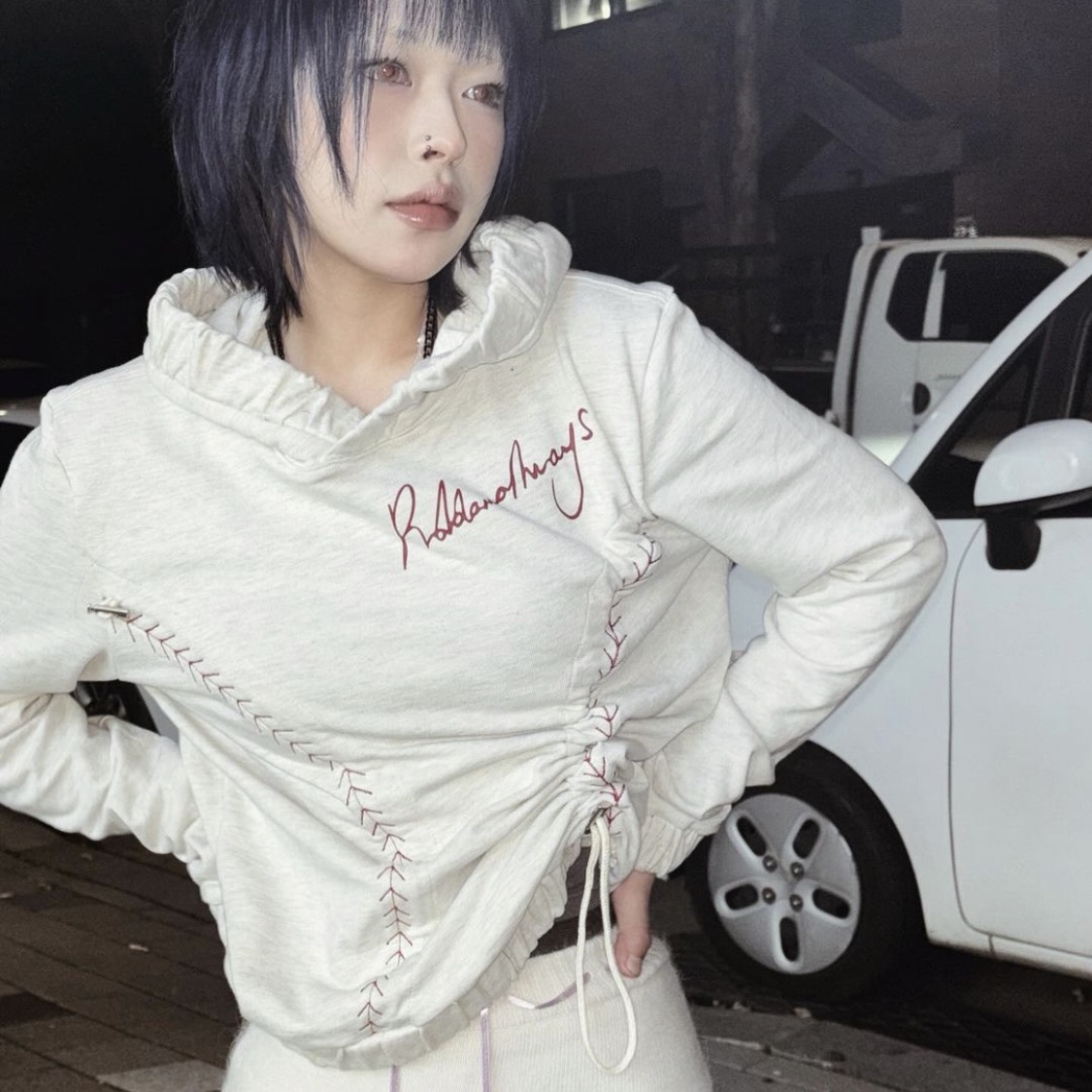 Problemallways Baseball Shirring Hoodie Oatmeal 착용 스타일 - 4