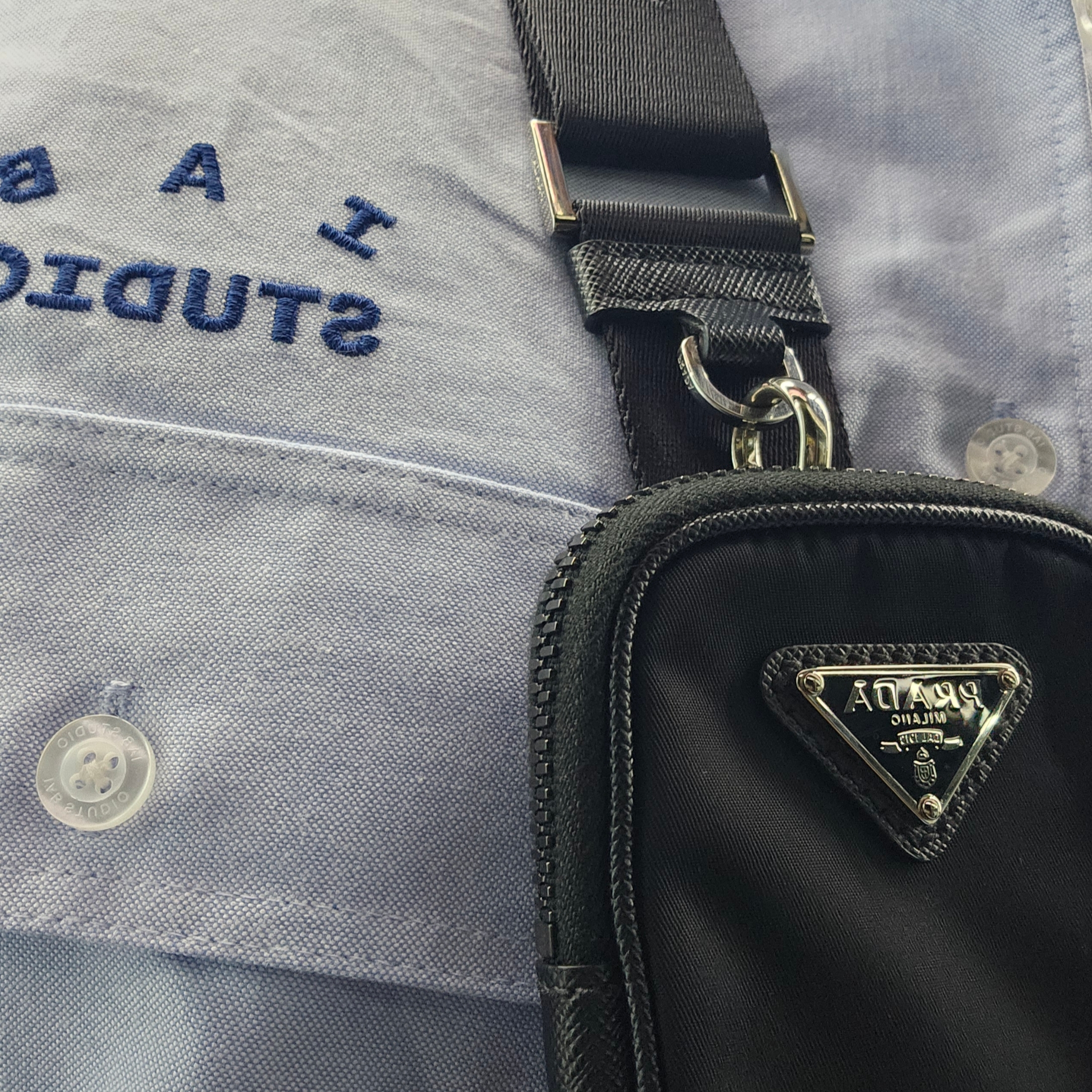 IAB Studio Work Shirt Sky Blue - The Hyundai Seoul Exclusive, Prada Re-Nylon and Saffiano Leather Shoulder Bag Black 착용 스타일