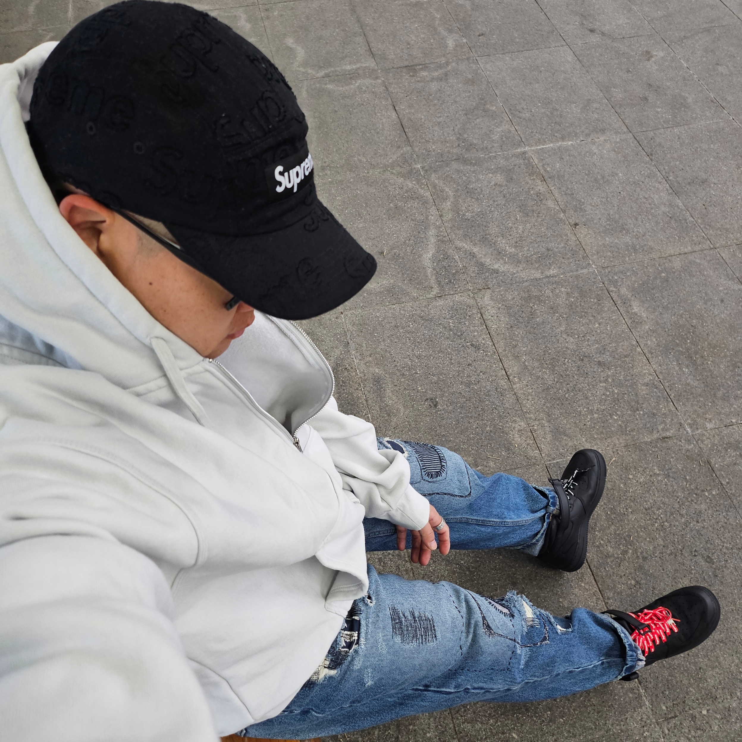 Stussy SS Link Studded Belt Black, Nike x Supreme Air Force 1 Mid Black 착용 스타일 - 2