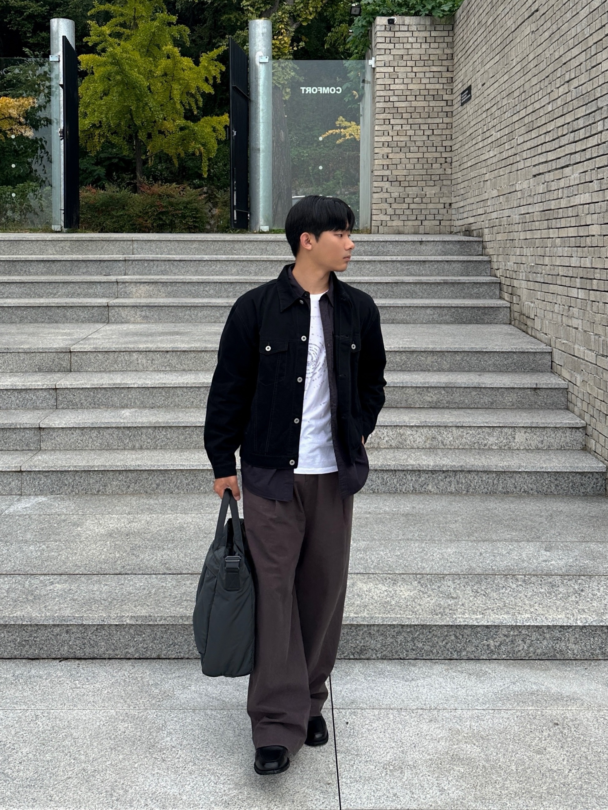 Polyteru Human Index Index Trucker Jacket Black, Uniqlo 2-Way Utility Bag Gray 착용 스타일 - 8