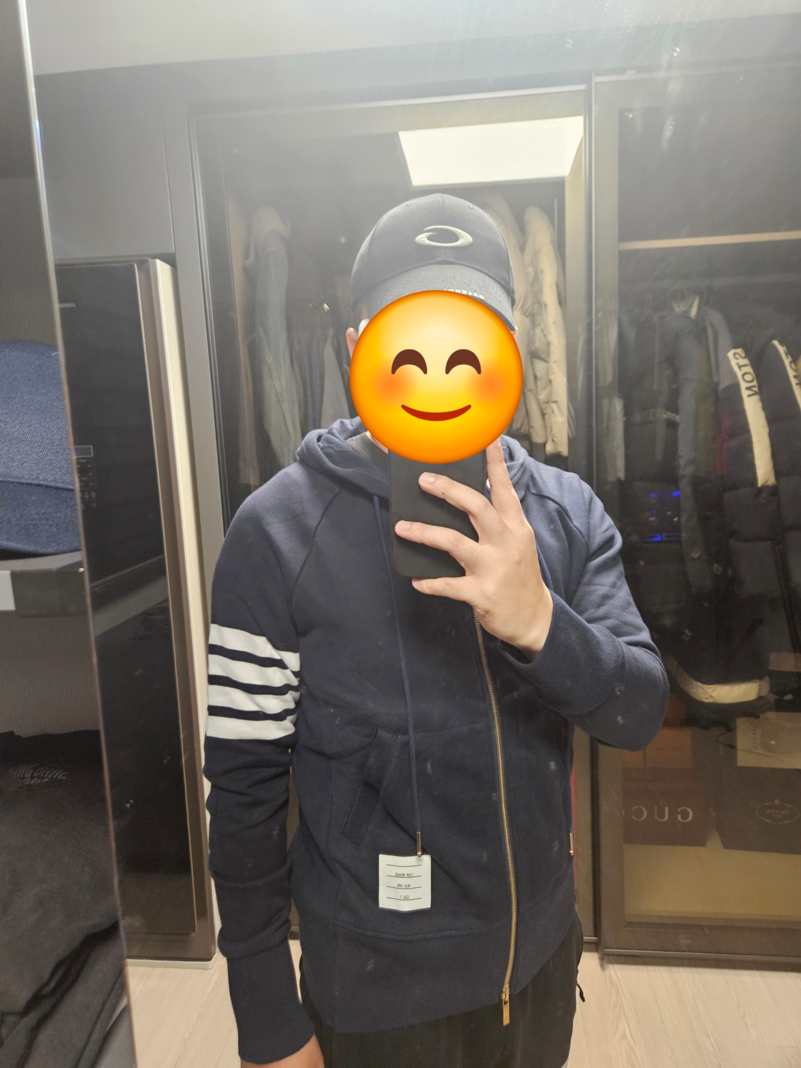Thom Browne Engineered 4-Bar Zip Hoodie Navy 착용 스타일
