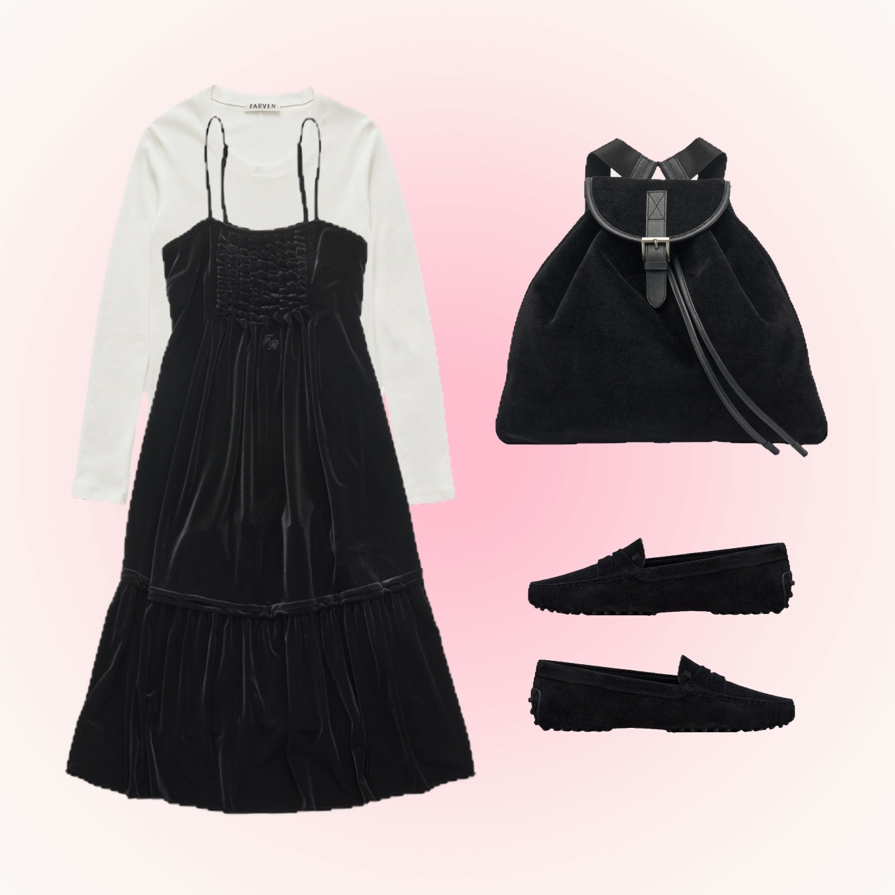 FARVEN Velour Triangle Backpack Black, FARVEN Jem Shirring Dress Black 착용 스타일