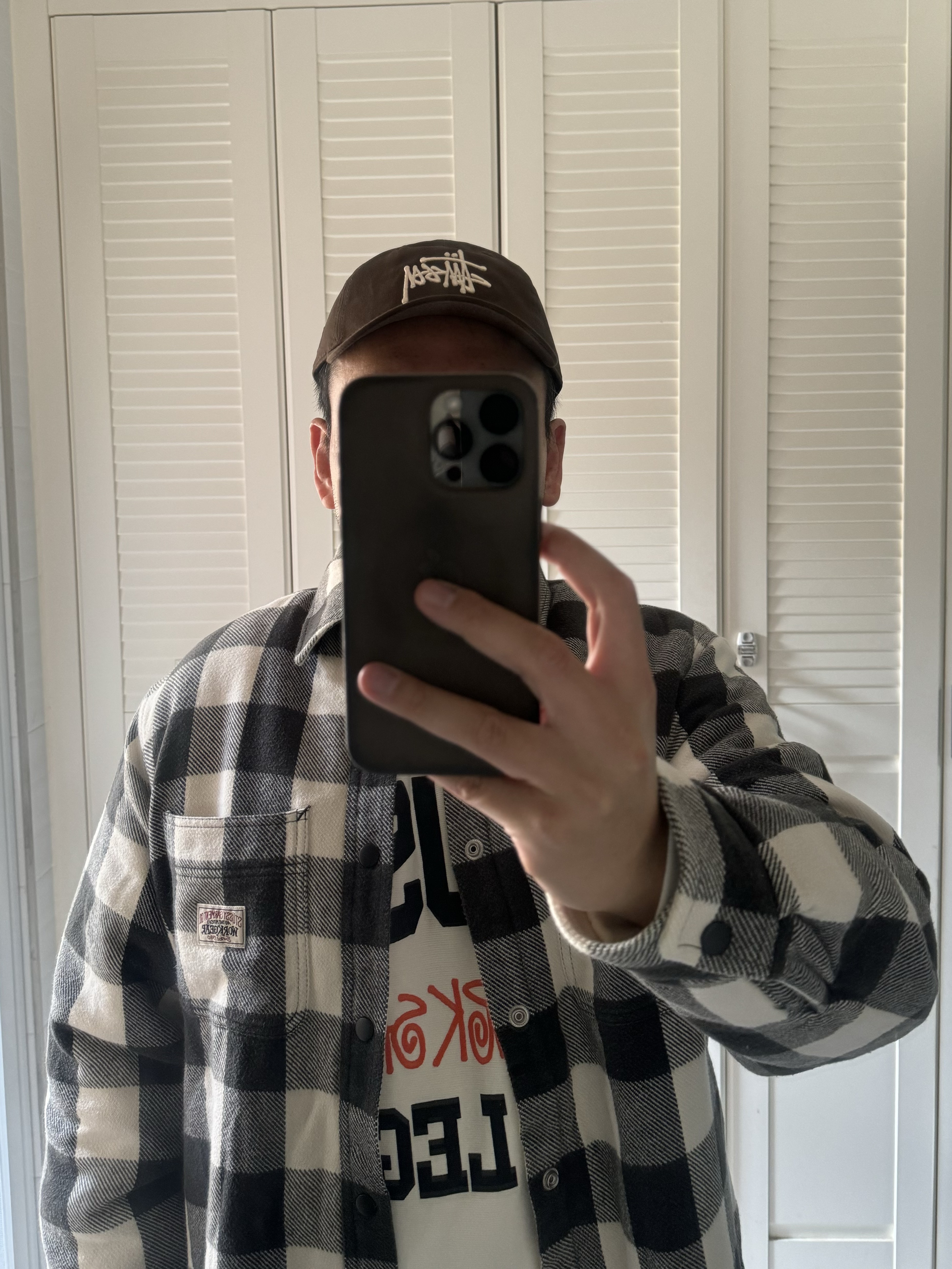 Stussy Sherpa Lined Buffalo Plaid Shirt Bone, Stussy Basic New Era 9Twenty Basic Strapback Walnut 착용 스타일