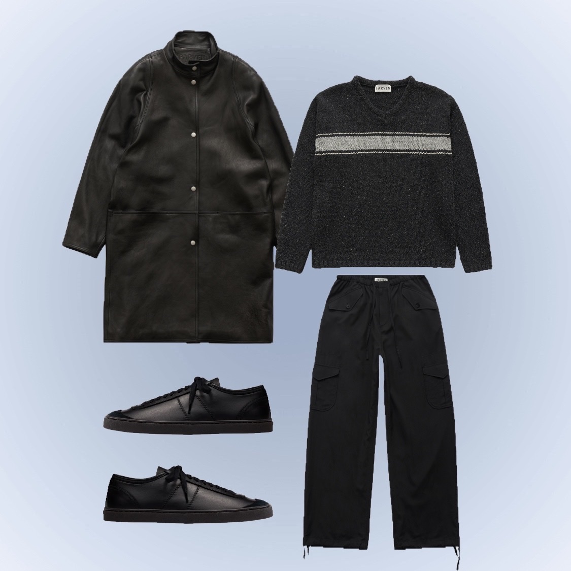 FARVEN Elliot Long Leather Coat Black, FARVEN Toby V-Neck Wool Knit Charcoal 착용 스타일