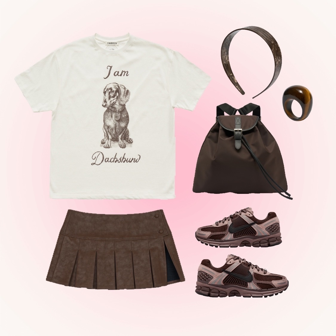 FARVEN Iam Dachshund Tee Ivory, THREETOEIGHTY Mini Pleats Skirt Belt Brown 착용 스타일