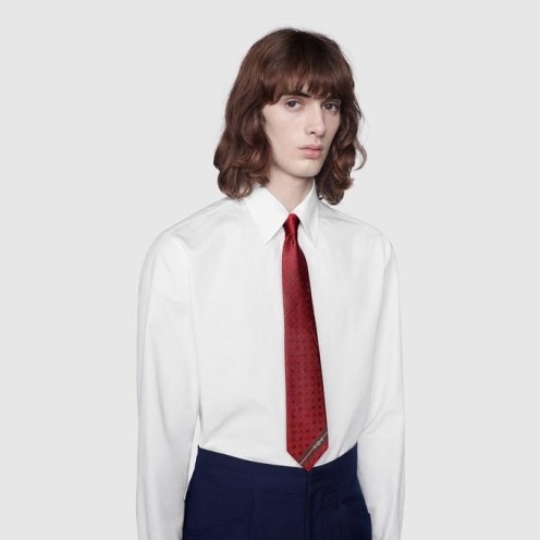 Gucci Double G Horsebit Jacquard Silk Tie Red 착용 스타일 - 2