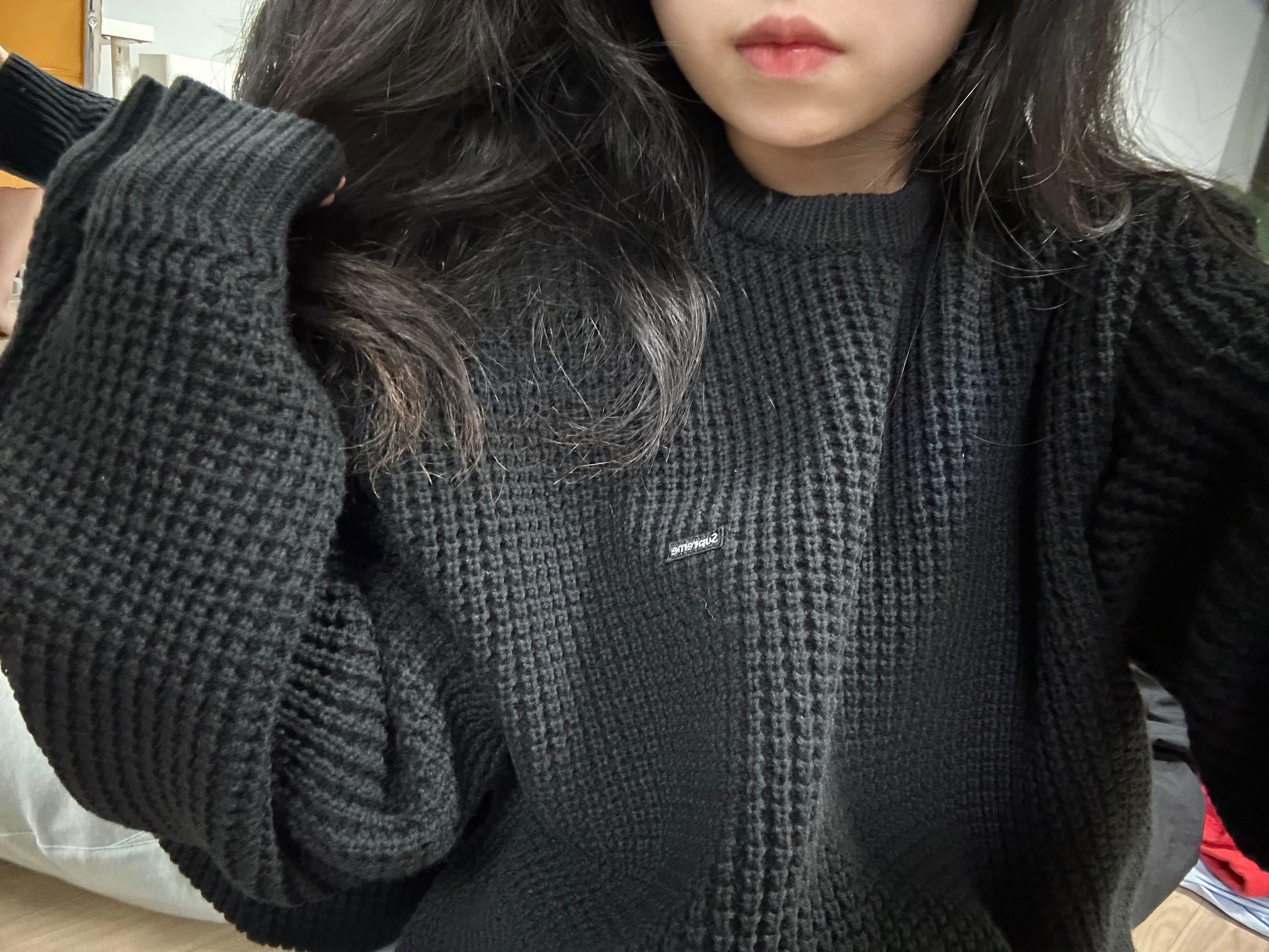 Supreme Waffle Small Box Sweater Black - 24FW 착용 스타일 - 1