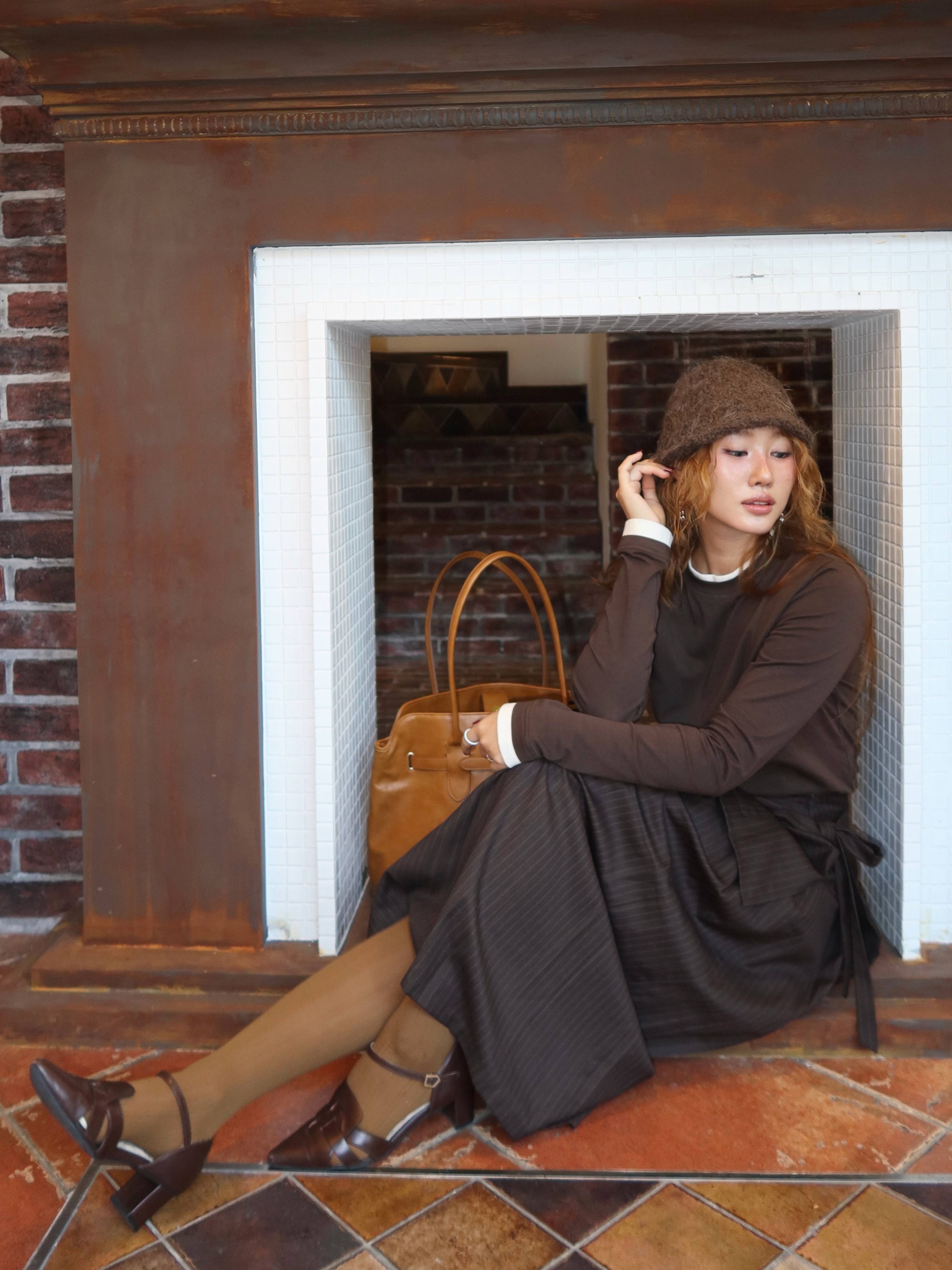 Anoetic Classic Belt Shopper Bag Caramel 착용 스타일 - 1