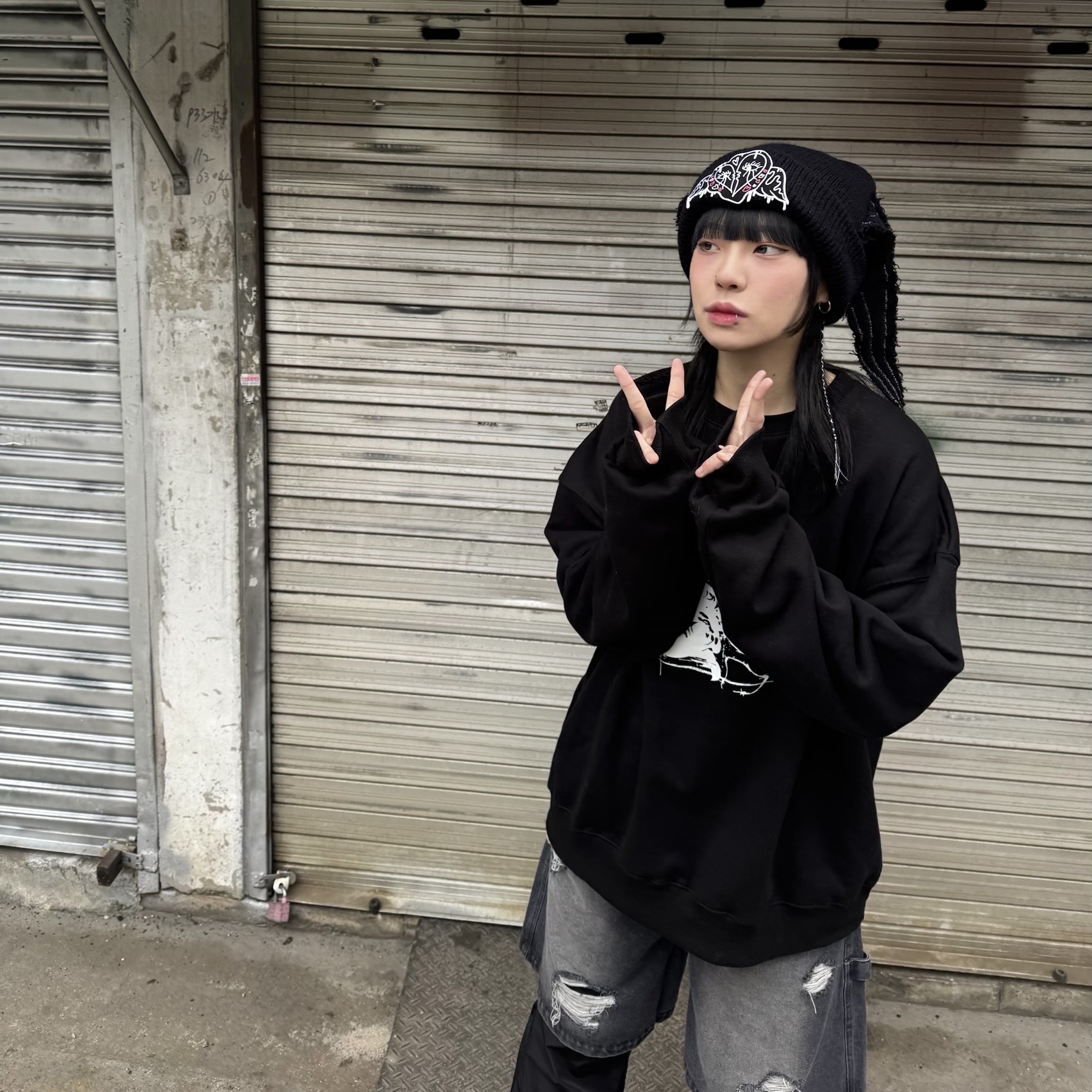 Flavorism Hybrid Layered Denim Track Pants (TP0056) Black 착용 스타일 - 6