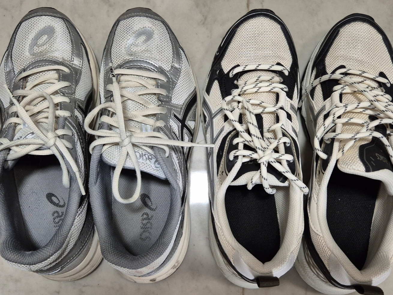 Asics Gel-Nunobiki Cream Dark Olive, Asics Jog 100 S White Black - 2E Wide 착용 스타일