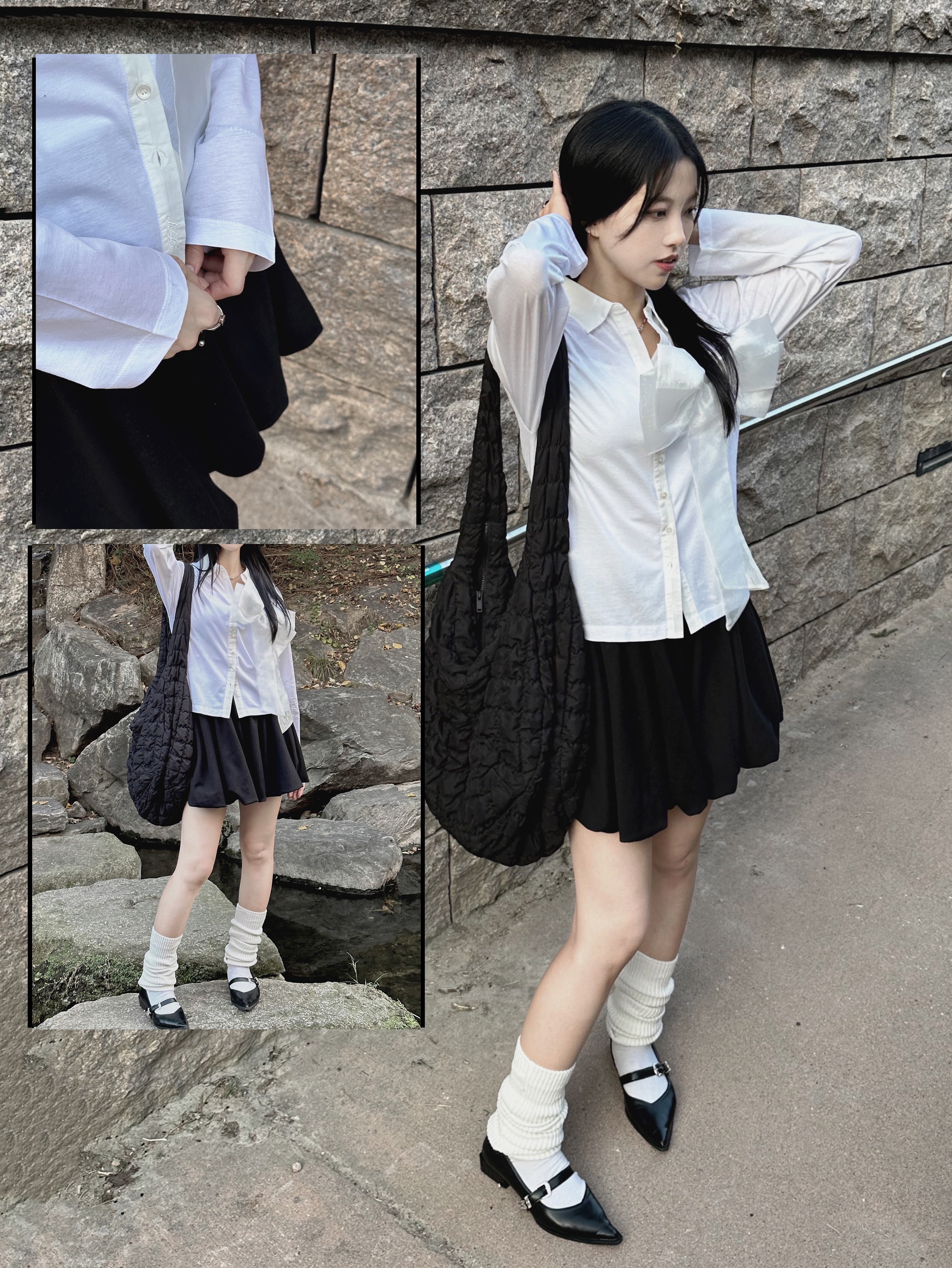 COS Quilted Oversized Shoulder Bag Black, Gucci Trademark Ring With Heart Pendant Silver 착용 스타일 - 3