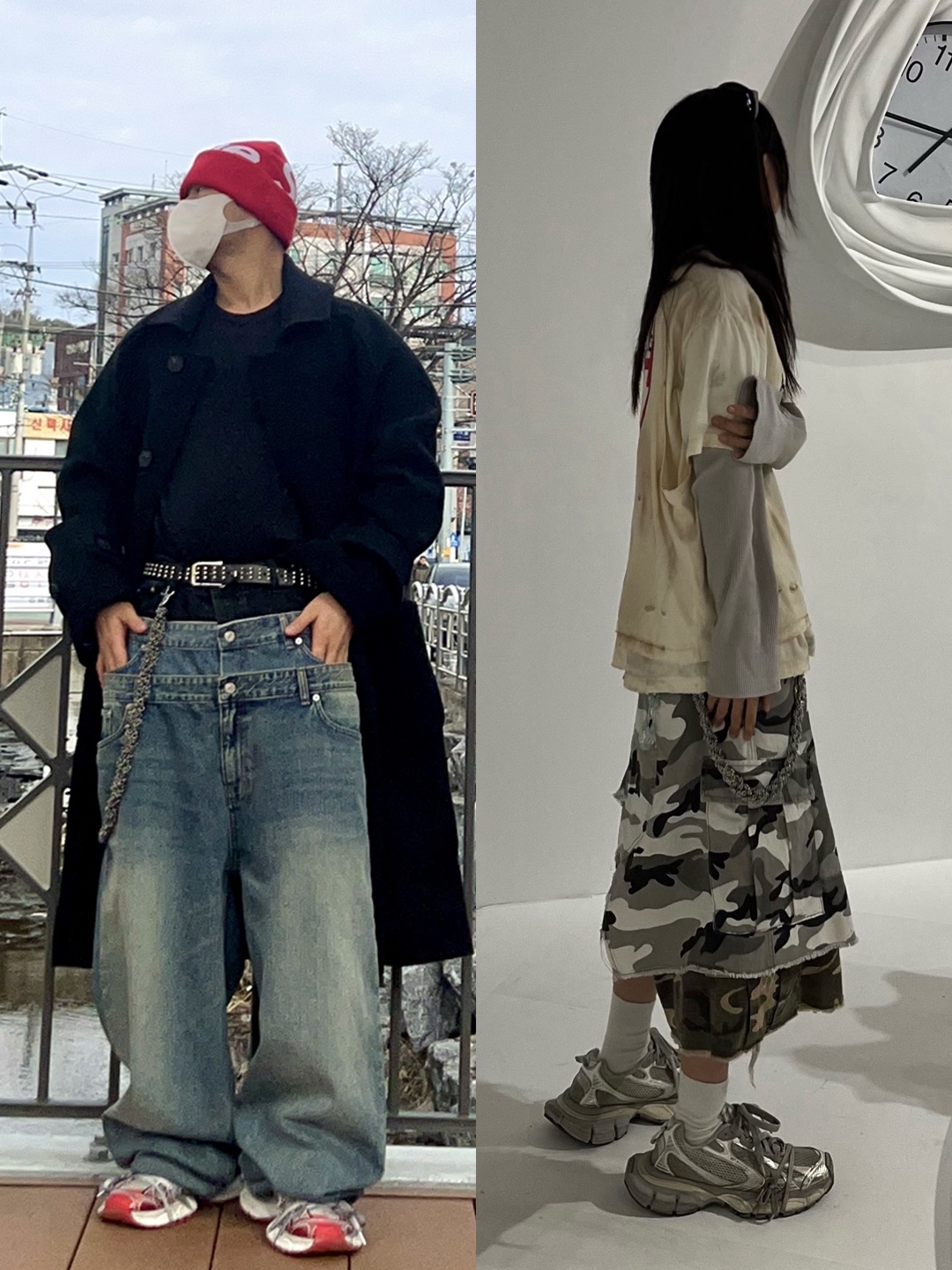 Project G/R 3 Layered Pants Blue, Project G/R x MFM333. Layered Skirt Camo Cargo Shorts Multi Camo 착용 스타일 - 2