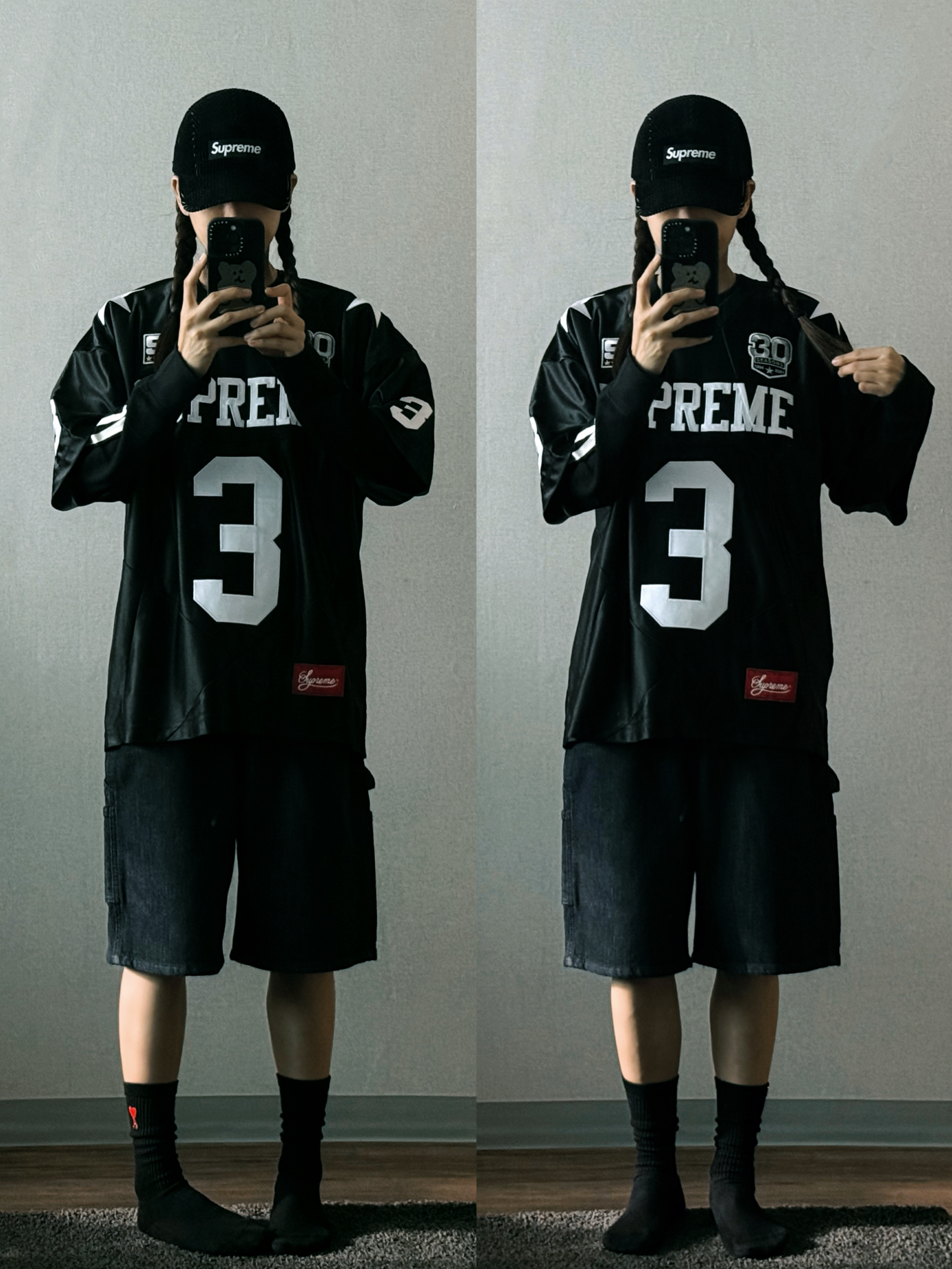 Supreme Star Football Jersey Black - 24FW, Supreme Hanes Bones Thermal Crew Black (1 Pack) 착용 스타일