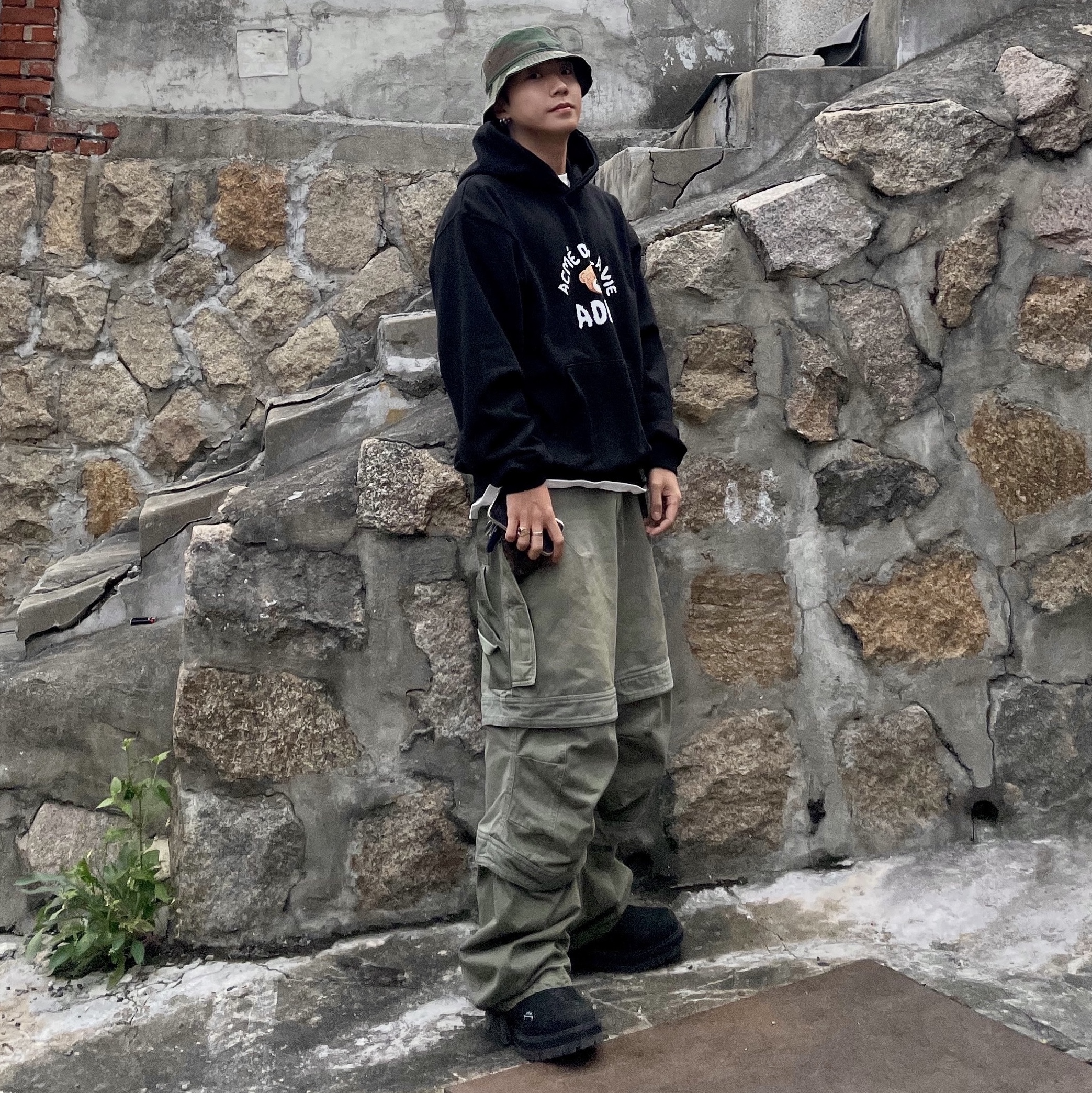 Farfromwhat Far Layered Work Pants Olive 착용 스타일