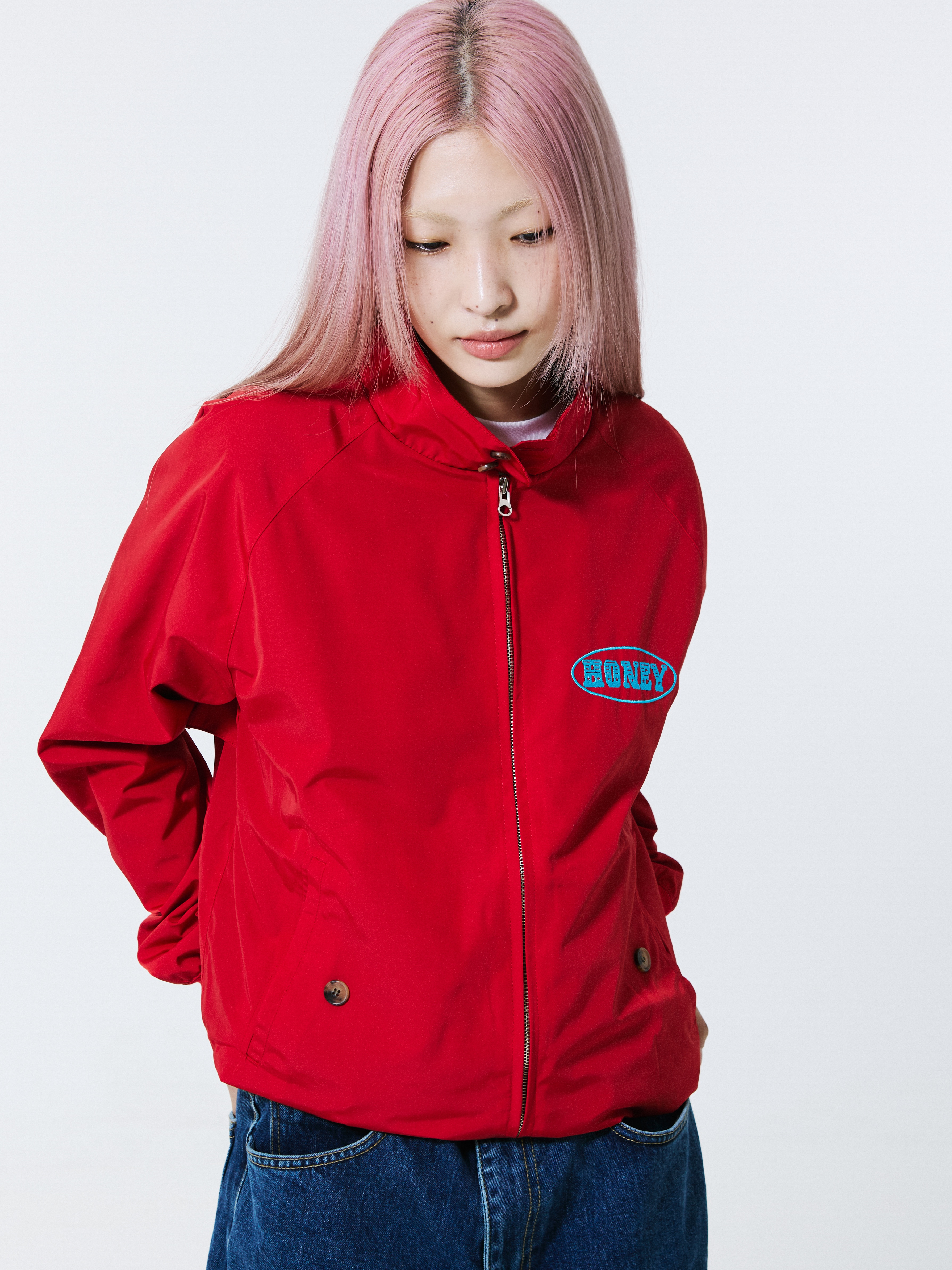 Honey Scoop House Harrington Jacket Red, Honey Scoop House Honey Stitch Denim Blue 착용 스타일
