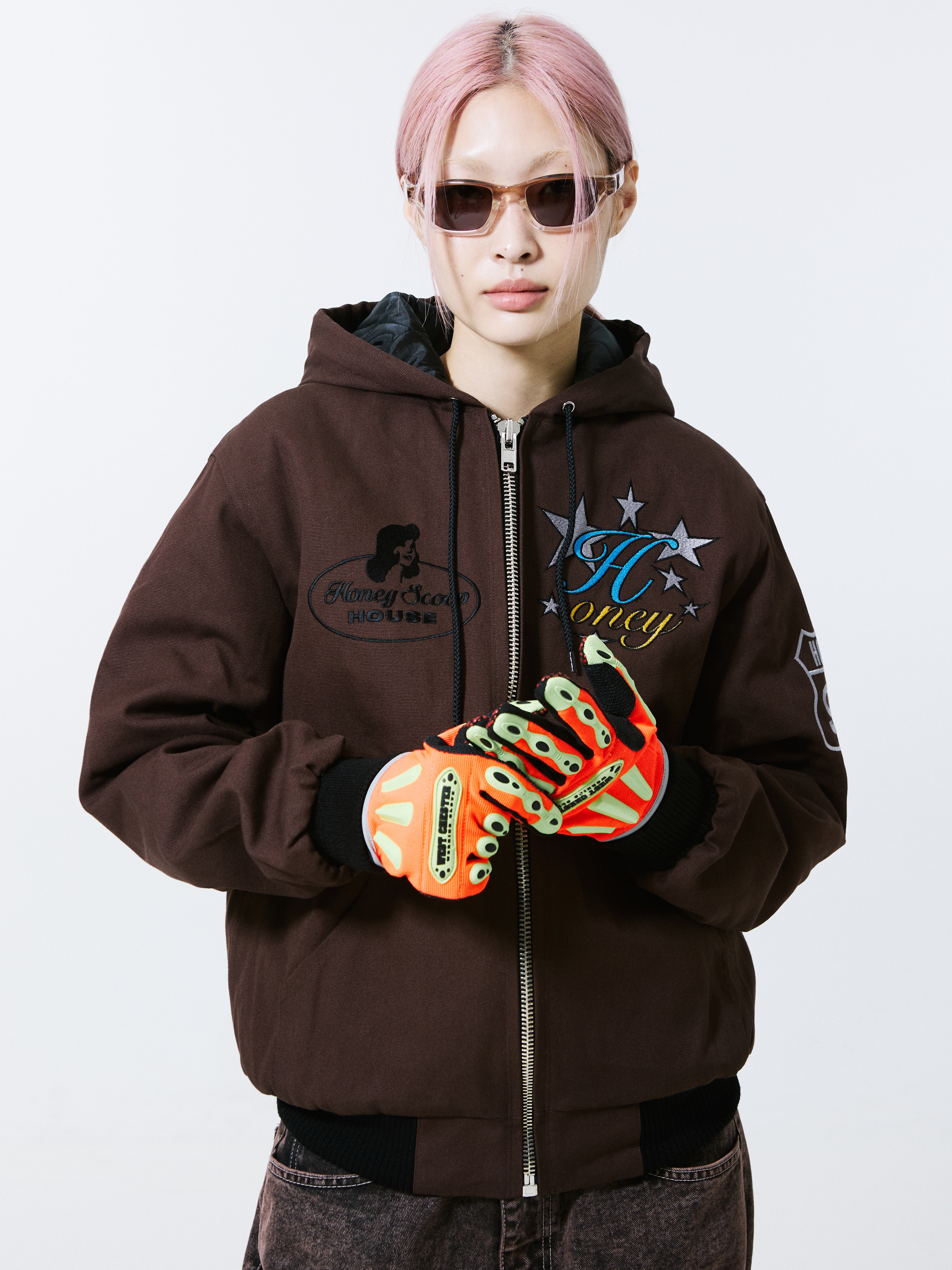 Honey Scoop House x PRGS Cargo Sunglasses Brown Gradation, Honey Scoop House Honey Stitch Denim Brown 착용 스타일