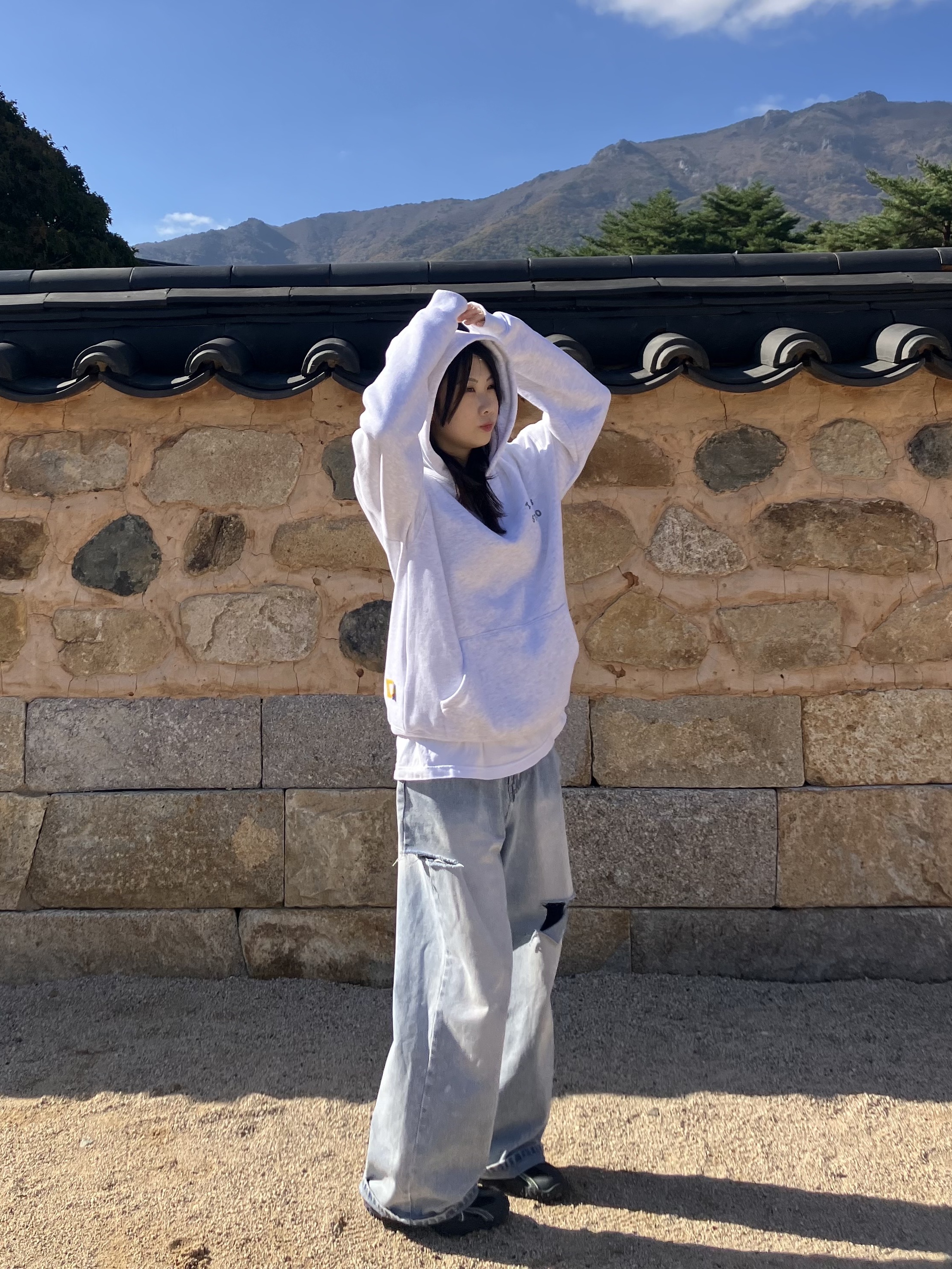 IAB Studio Hoodie Light Gray, Fila Echappe MS Black 착용 스타일