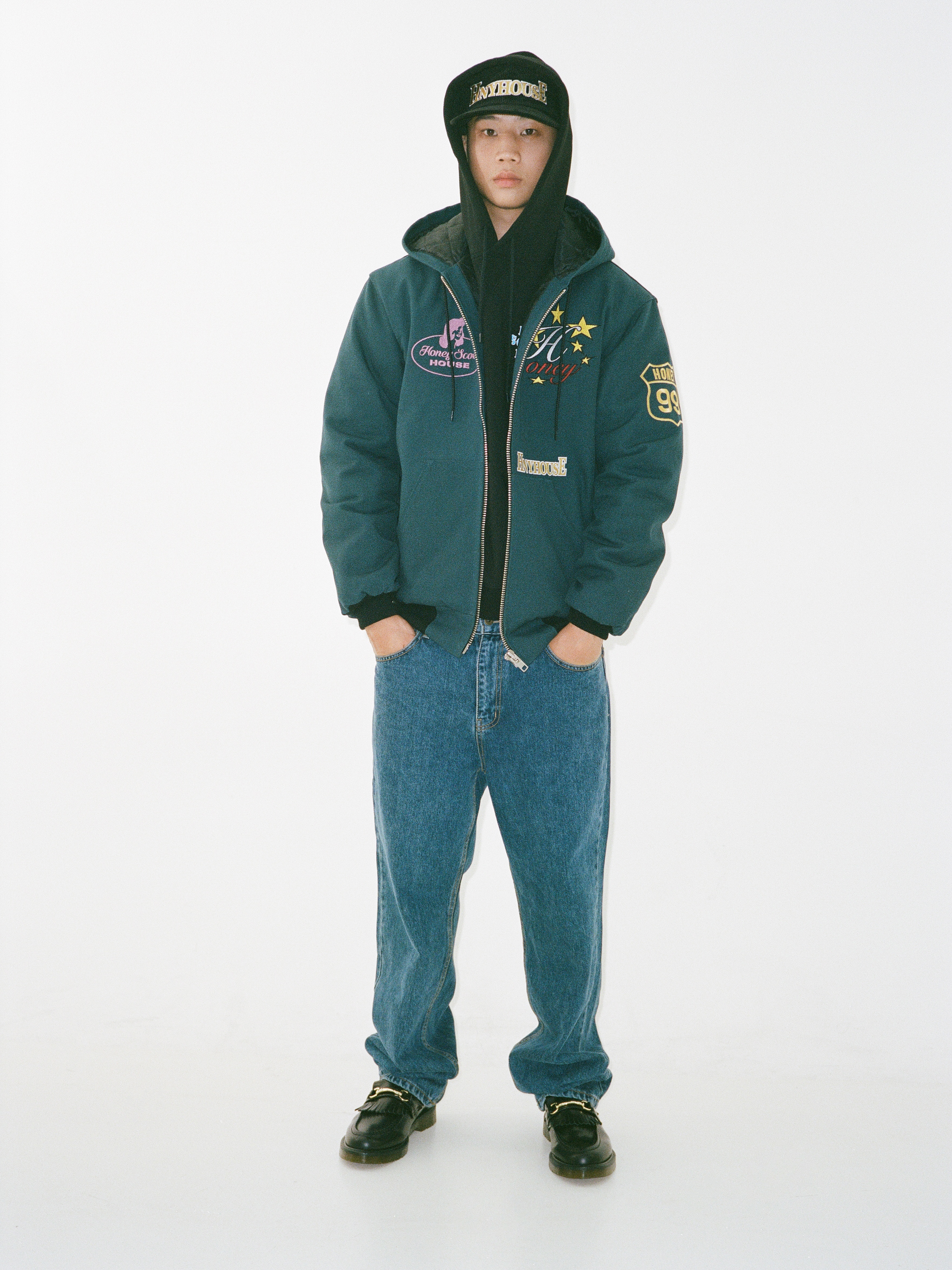 Honey Scoop House Emb Canvas Hooded Work Jacket Teal, Honey Scoop House West Wave Hooded Sweatshirt Black 착용 스타일
