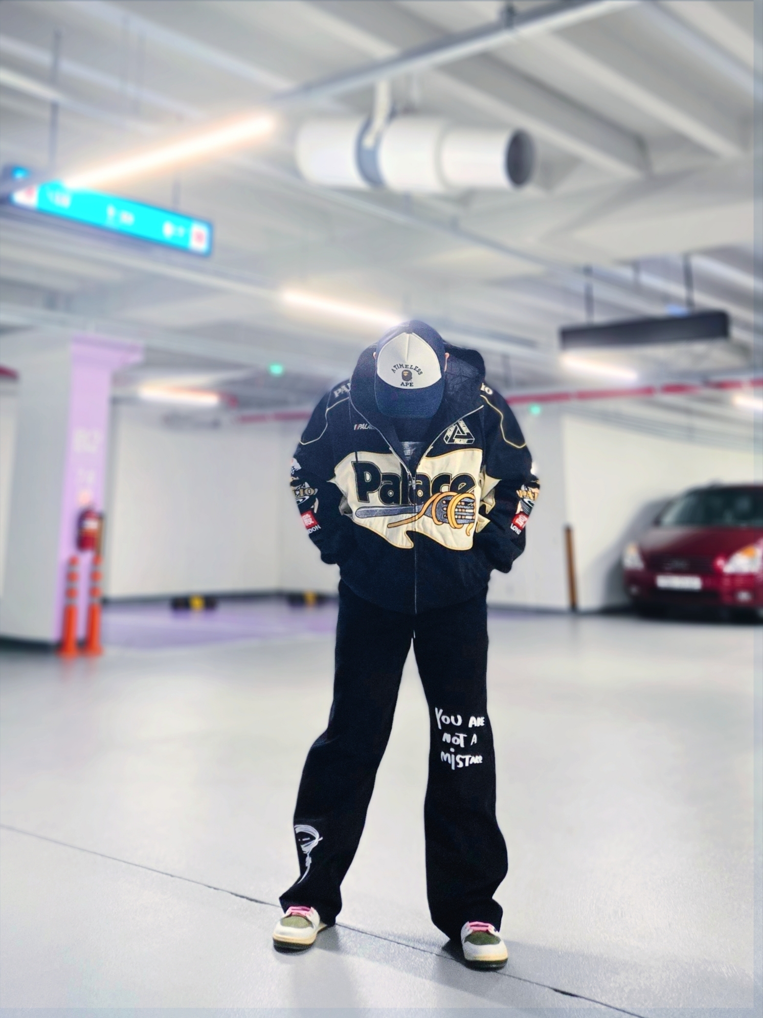 BAPE x JJJJound College Mesh Cap White Navy, Palace Pasta Jacket Black - 24FW 착용 스타일 - 3