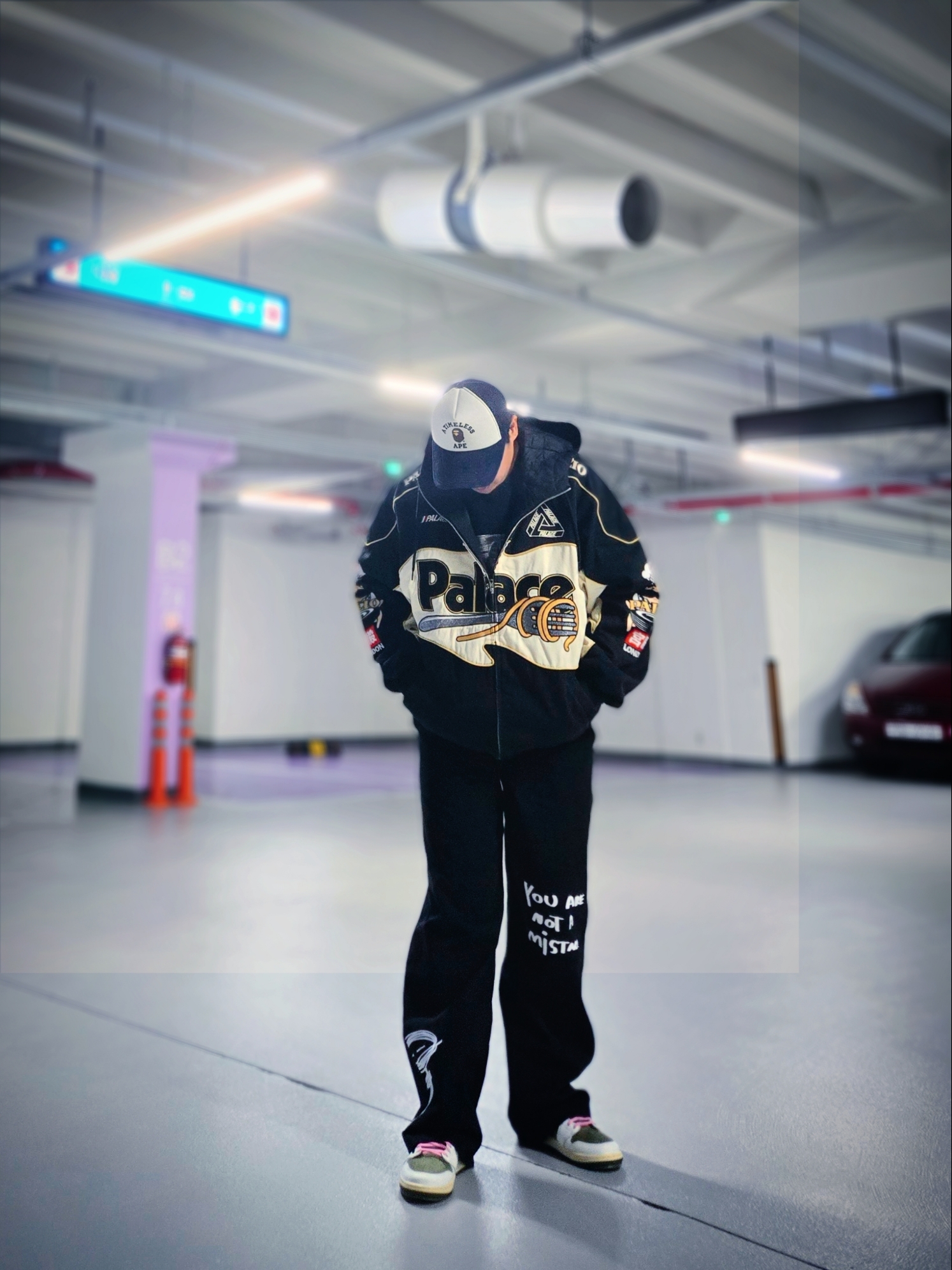 BAPE x JJJJound College Mesh Cap White Navy, Palace Pasta Jacket Black - 24FW 착용 스타일 - 1