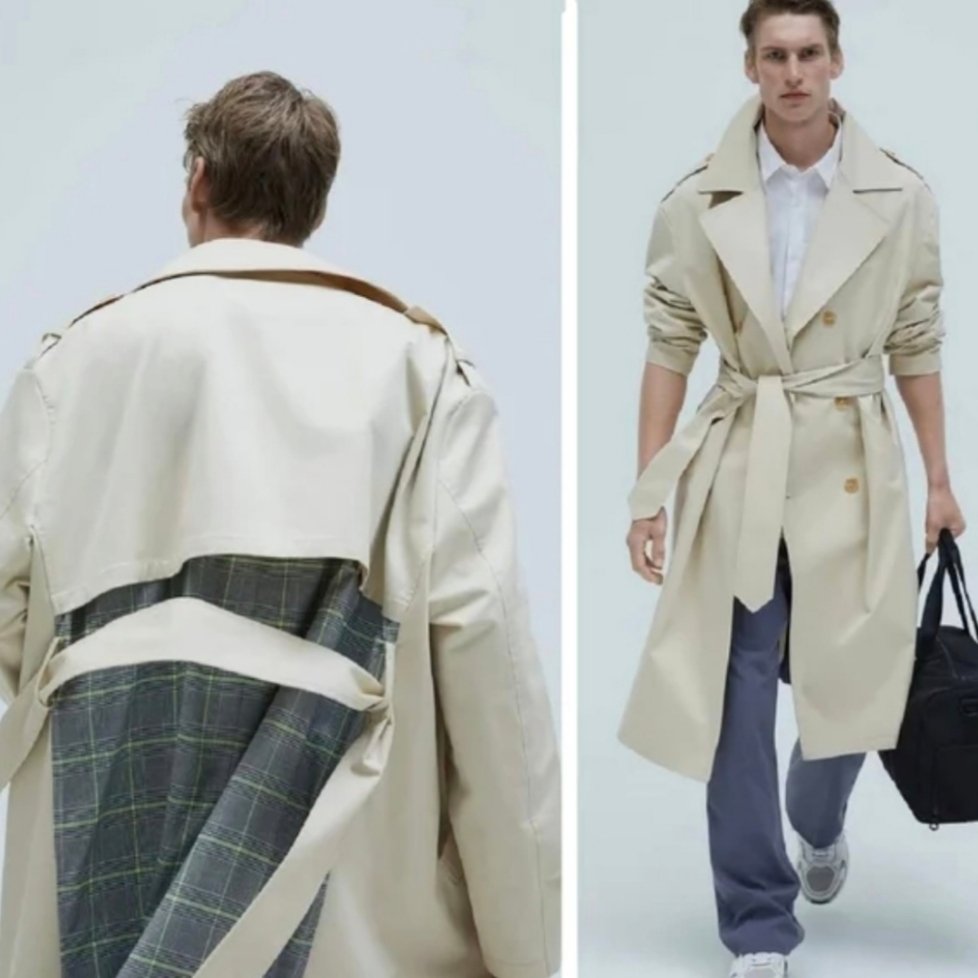 Zara Combination Plaid Oversized Trench Coat Beige, Burberry Long Castleford Trench Coat Hunter 착용 스타일 - 5