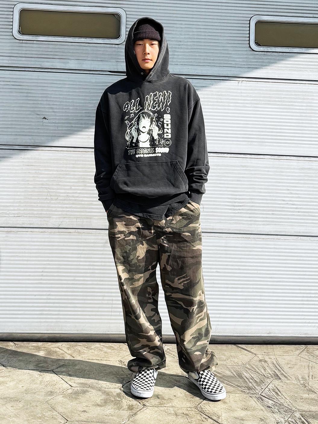 QT8 GARMENTS All New SP Washed Hoodie Black, QT8 GARMENTS BN Camo Wide Banding Pant Khaki 착용 스타일 - 1