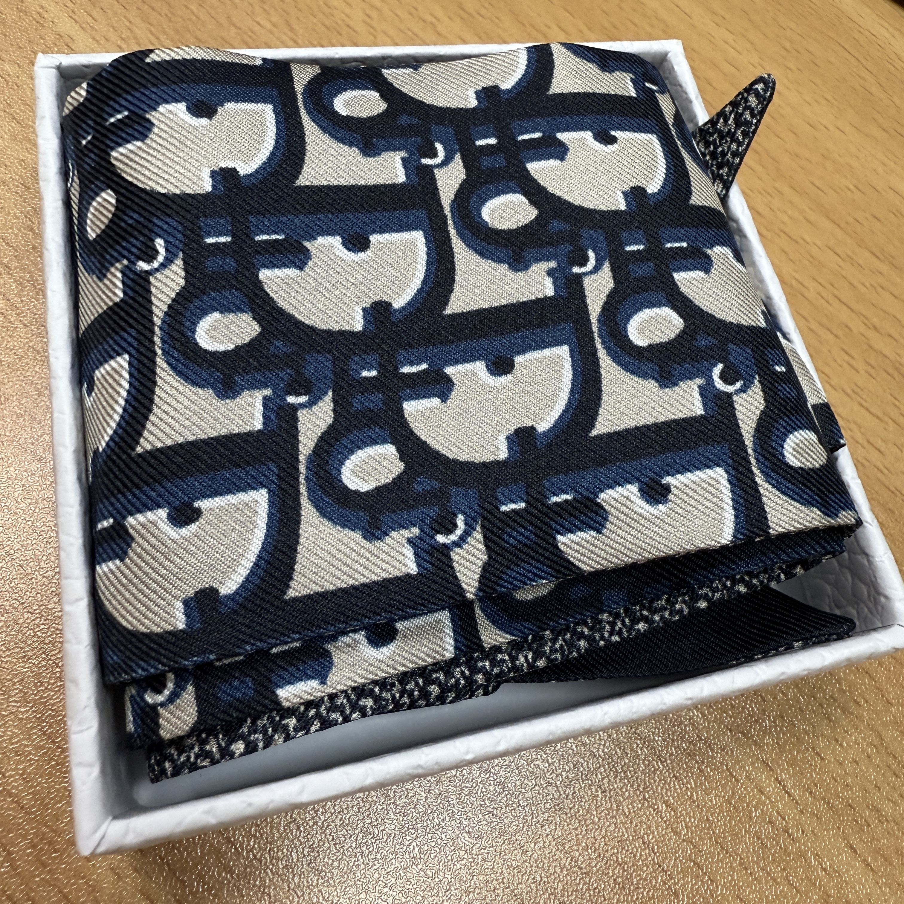 (W) Dior Oblique Mitzah Scarf Silk Twill Navy Blue 착용 스타일 - 2