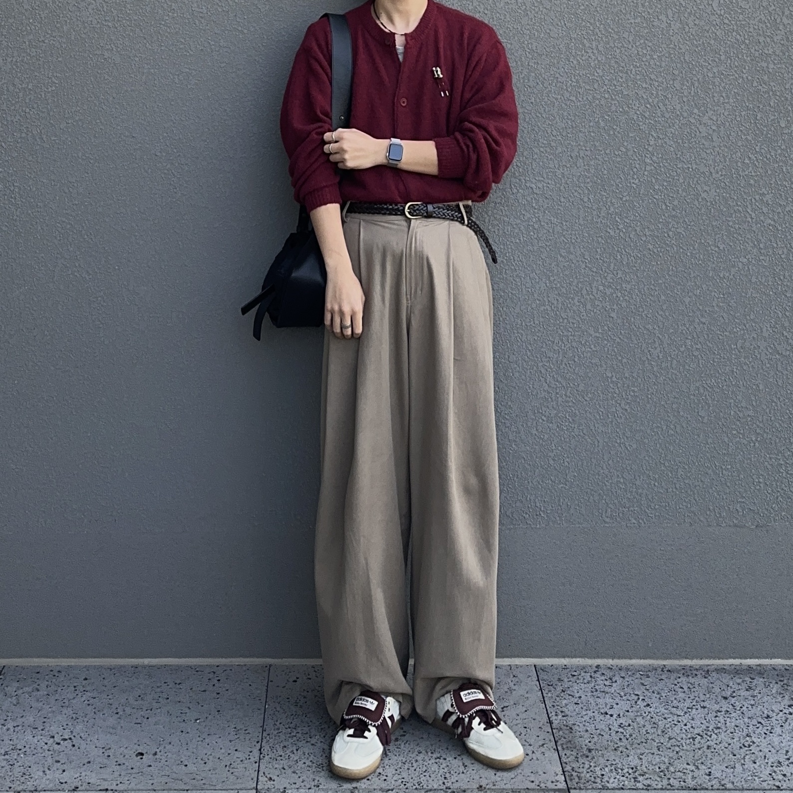 STU Round Neck Cardigan Burgundy, Adidas x Wales Bonner Pony Tonal Samba Cream White Mystery Brown 착용 스타일
