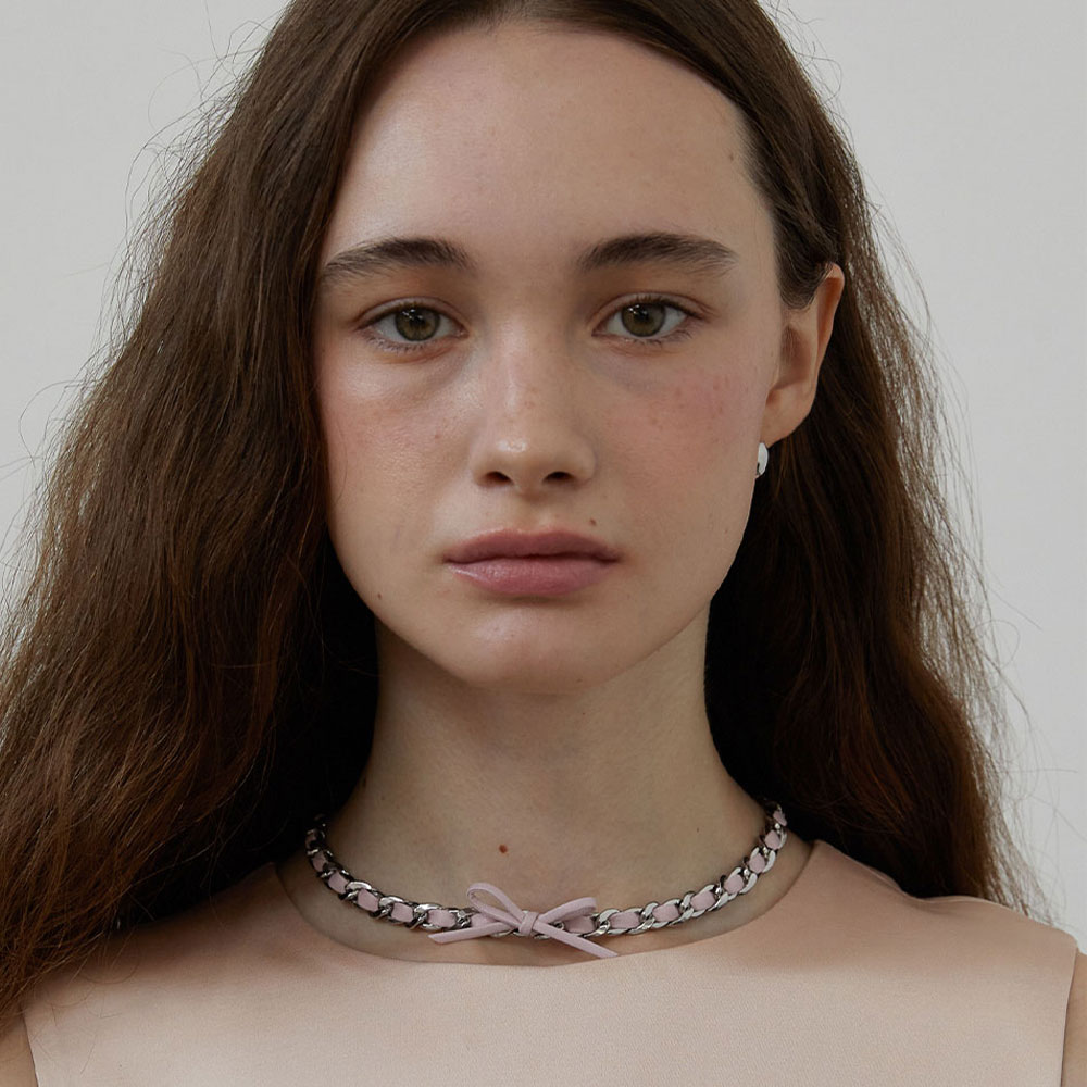 러브미몬스터 시크 가족 리본 체인 넥크리스 베이비핑크(lovememonster Chic Leather Ribbon Chain Necklace Baby Pink) - 2