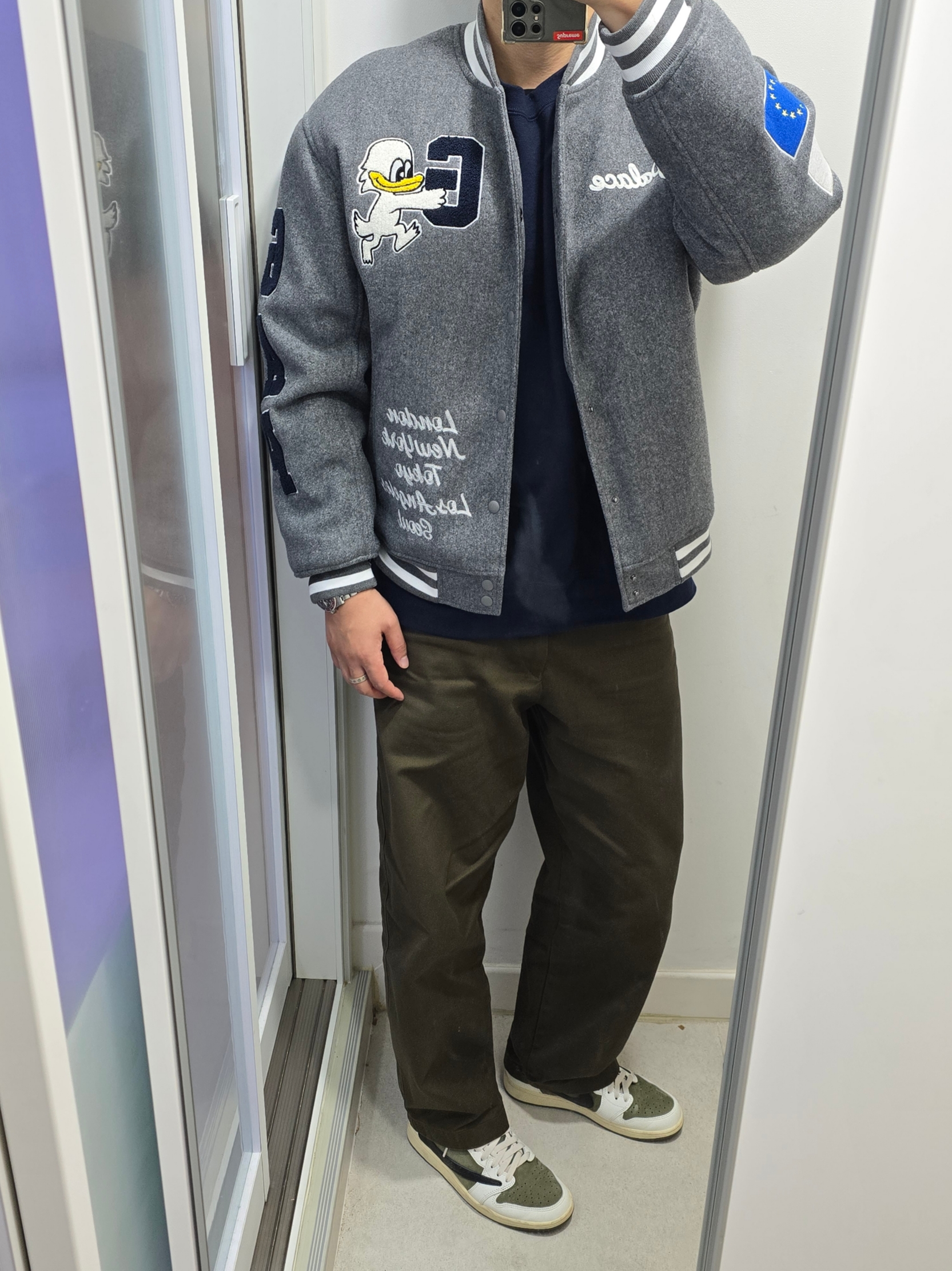 Palace x Gap Varsity Jacket Grey - 24SS, Supreme NYC Crewneck Navy - 23FW 착용 스타일