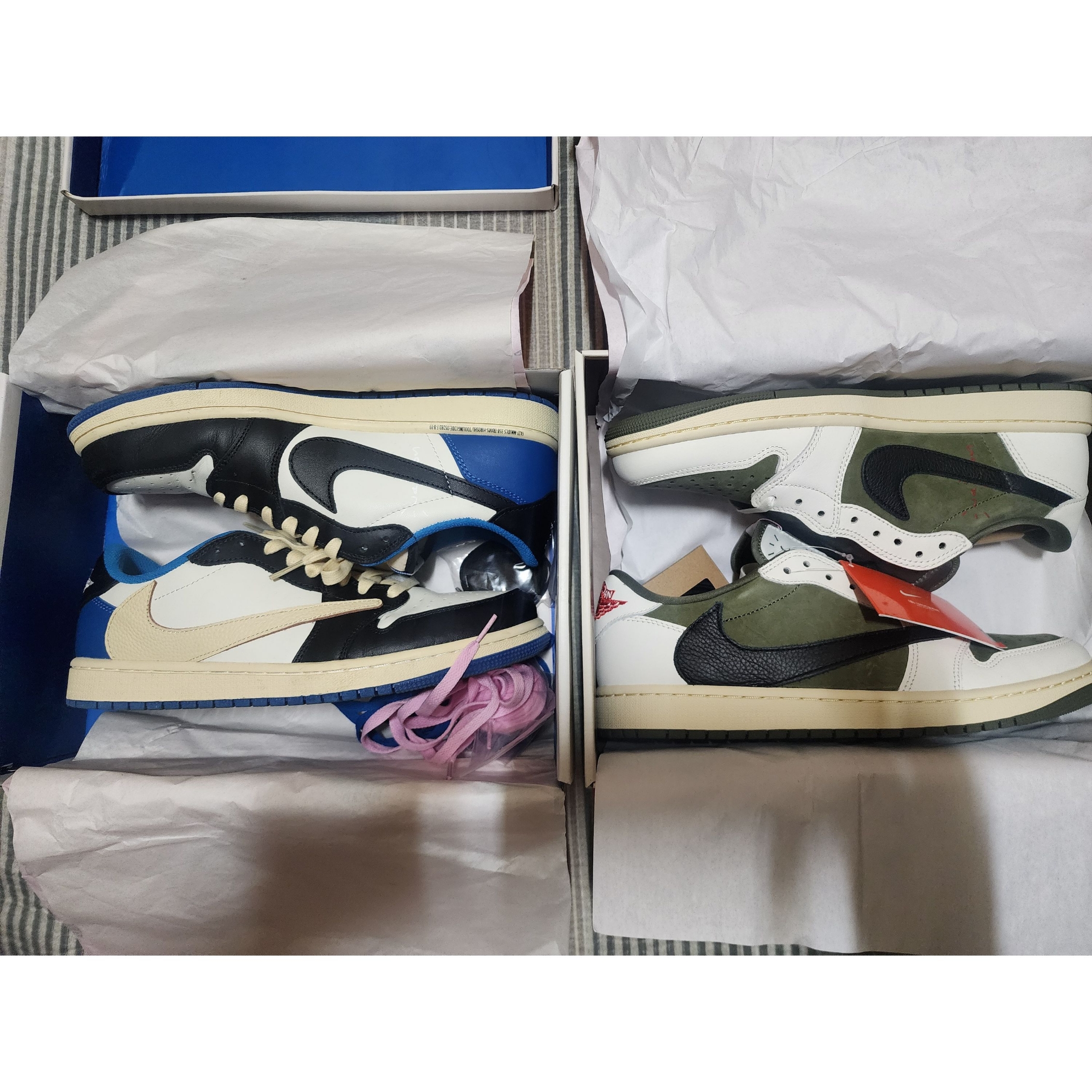 Jordan 1 x Travis Scott Retro Low OG SP Reverse Olive, Jordan 1 x Travis Scott x Fragment Retro Low OG SP Military Blue 착용 스타일