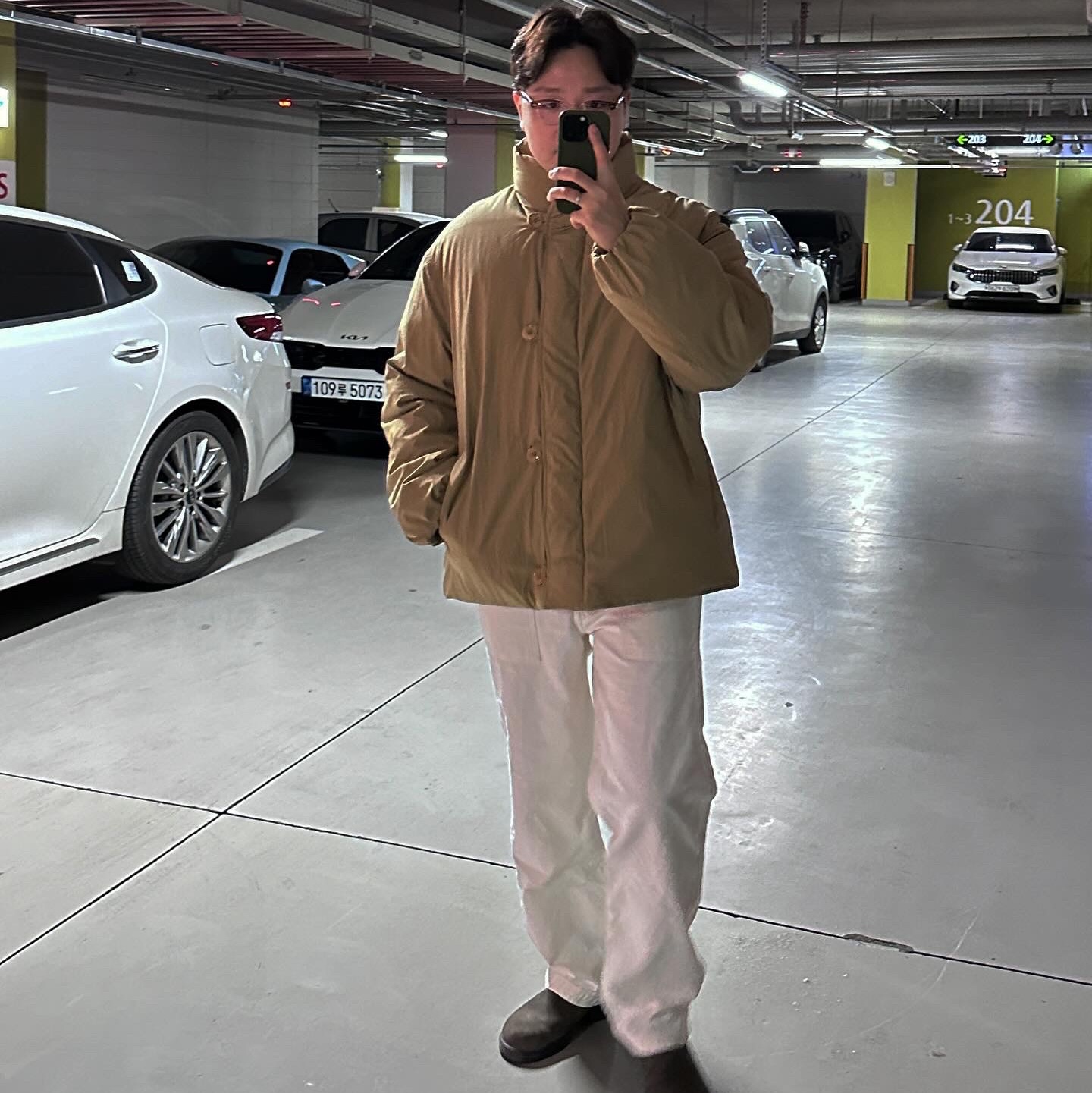 Lemaire Technical Cotton Puffer Blouson Ochre Khaki 착용 스타일 - 1