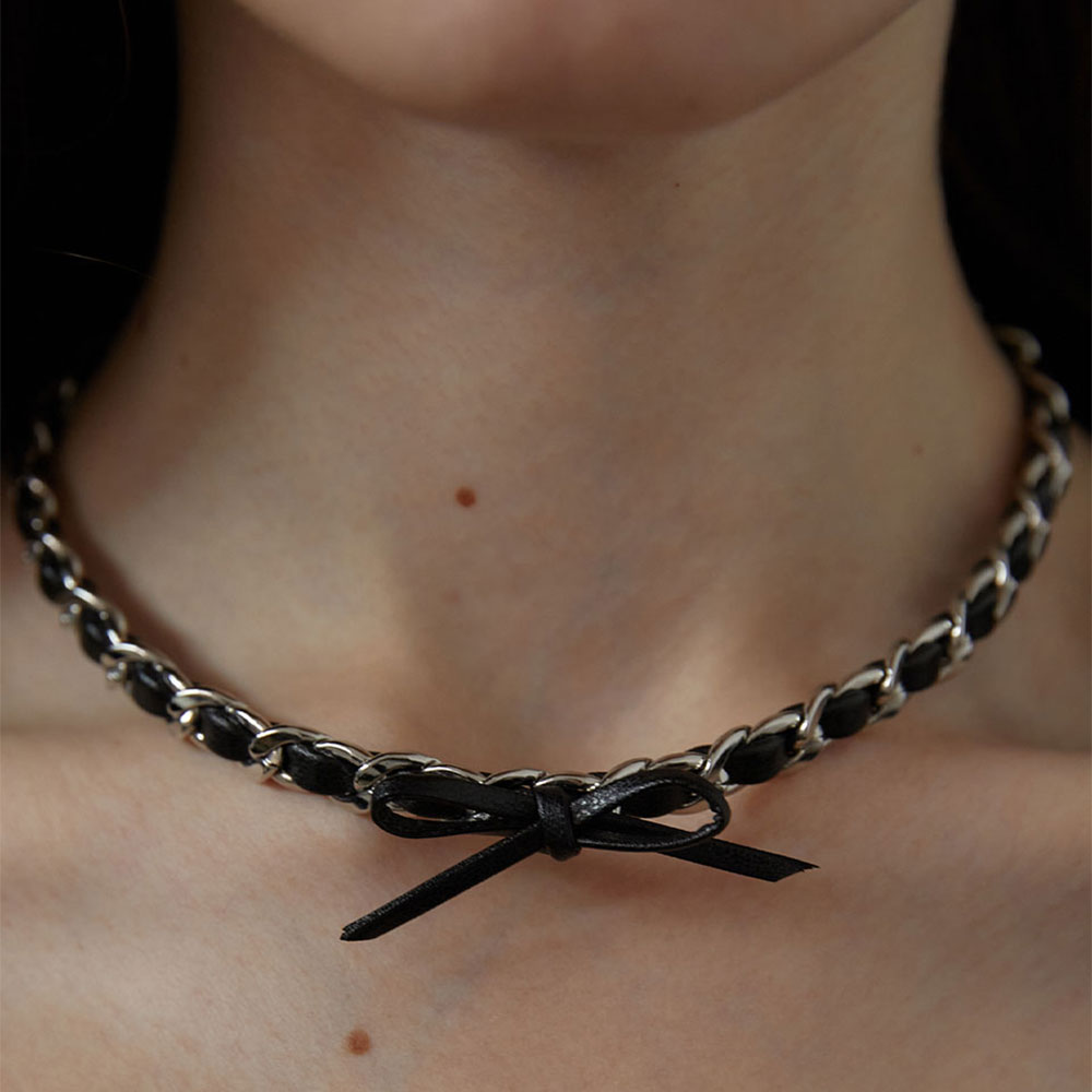 러브미몬스터 시크 가족 리본 체인 넥크리스 블랙(lovememonster Chic Leather Ribbon Chain Necklace Black) - 4