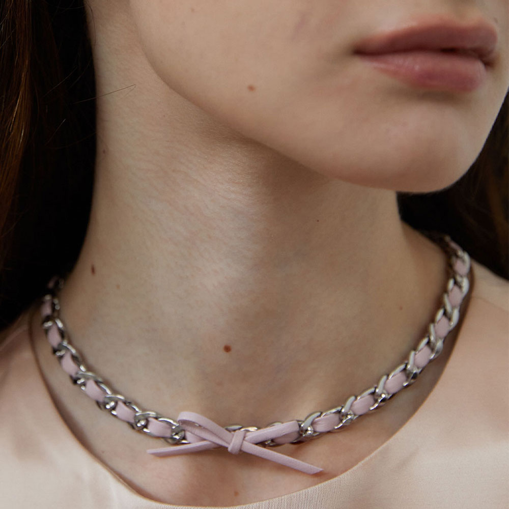 러브미몬스터 시크 가족 리본 체인 넥크리스 베이비핑크(lovememonster Chic Leather Ribbon Chain Necklace Baby Pink) - 3