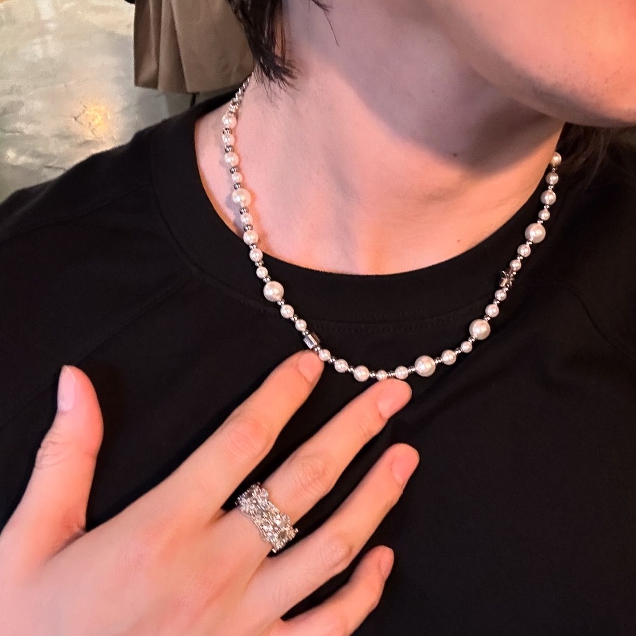 Scudo White Pearl Sea Star Necklace, Scudo Happy Flower Ring White Stone 착용 스타일 - 2