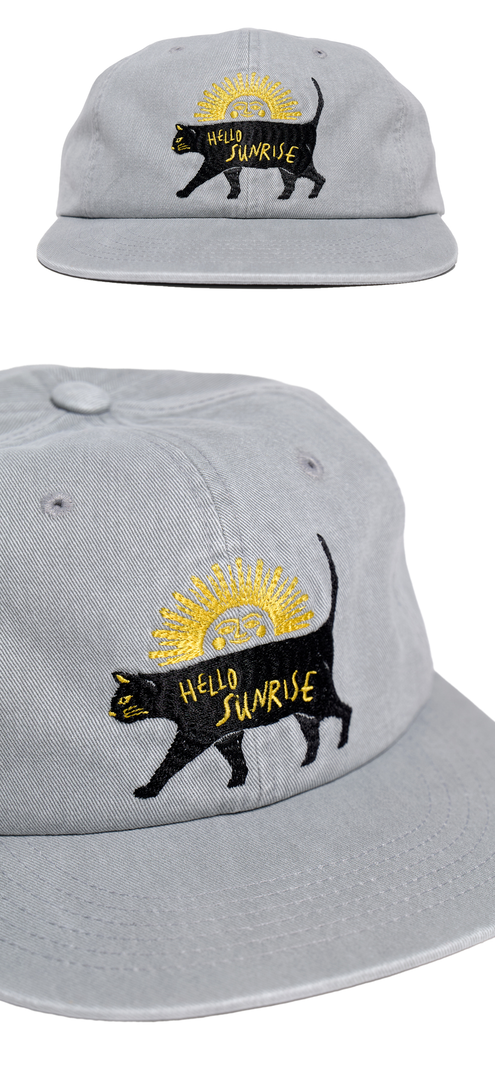 【HELLO SUNRISE】 Washed Doodle Typo Relaxed Fit 6Panel Cap 헬로선라이즈 H 로고 코튼 릴랙스핏 6패널 캡 차콜 | Hello