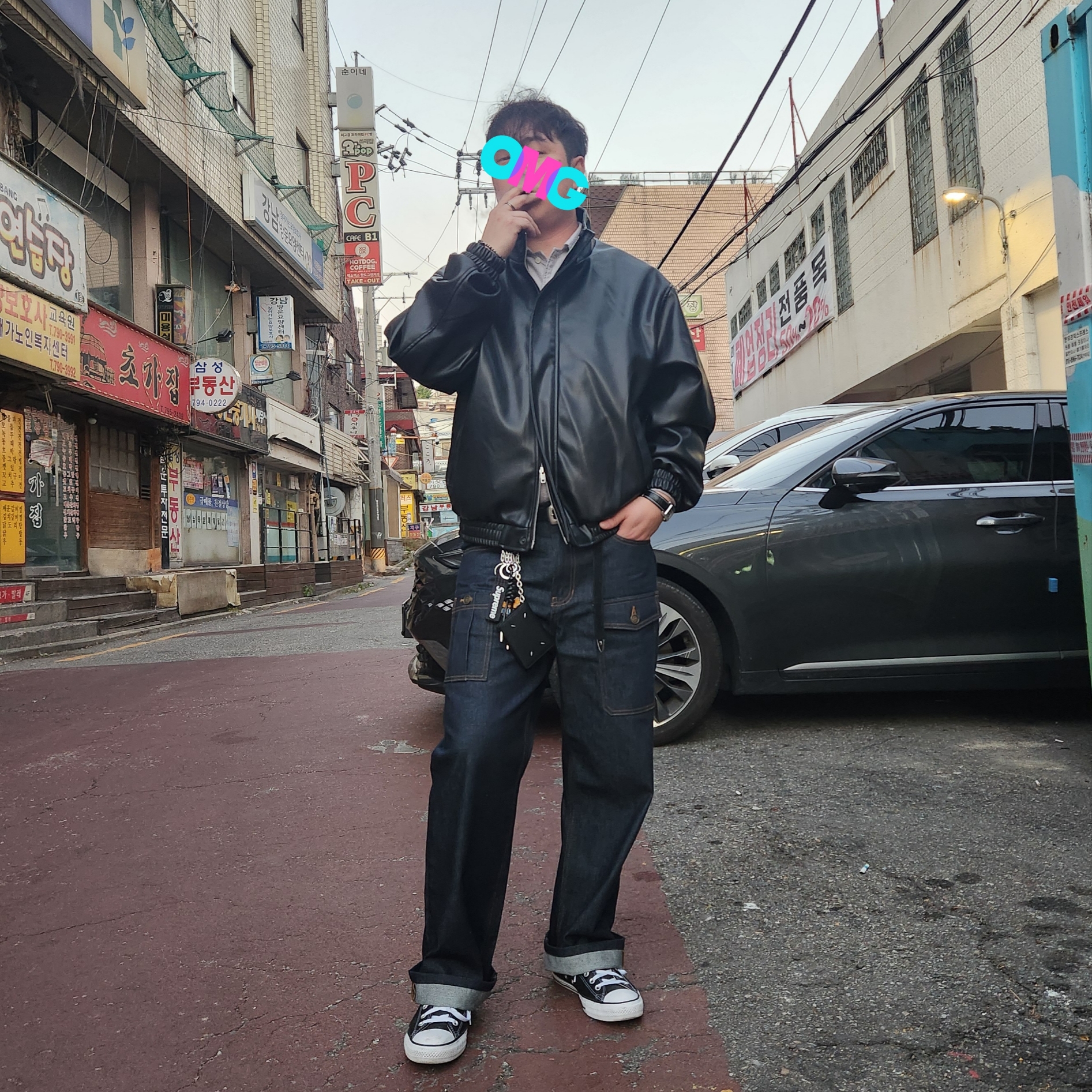 QT8 Garments TL Synthetic Leather Hidden Jacket Black, Scudo Garden Karen Beads Bracelet Black 착용 스타일