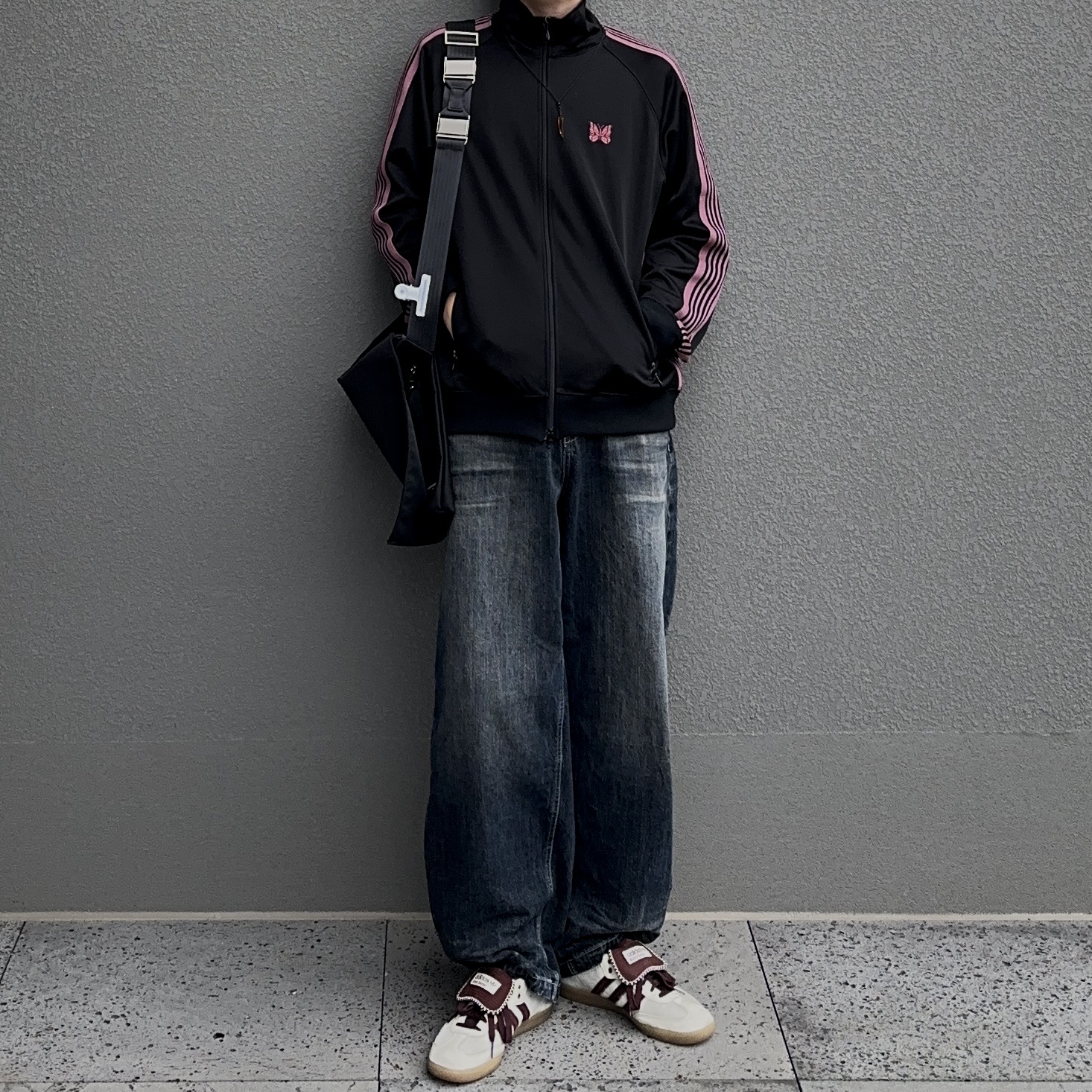Needles Track Jacket Poly Smooth Black, Adidas x Wales Bonner Pony Tonal Samba Cream White Mystery Brown 착용 스타일