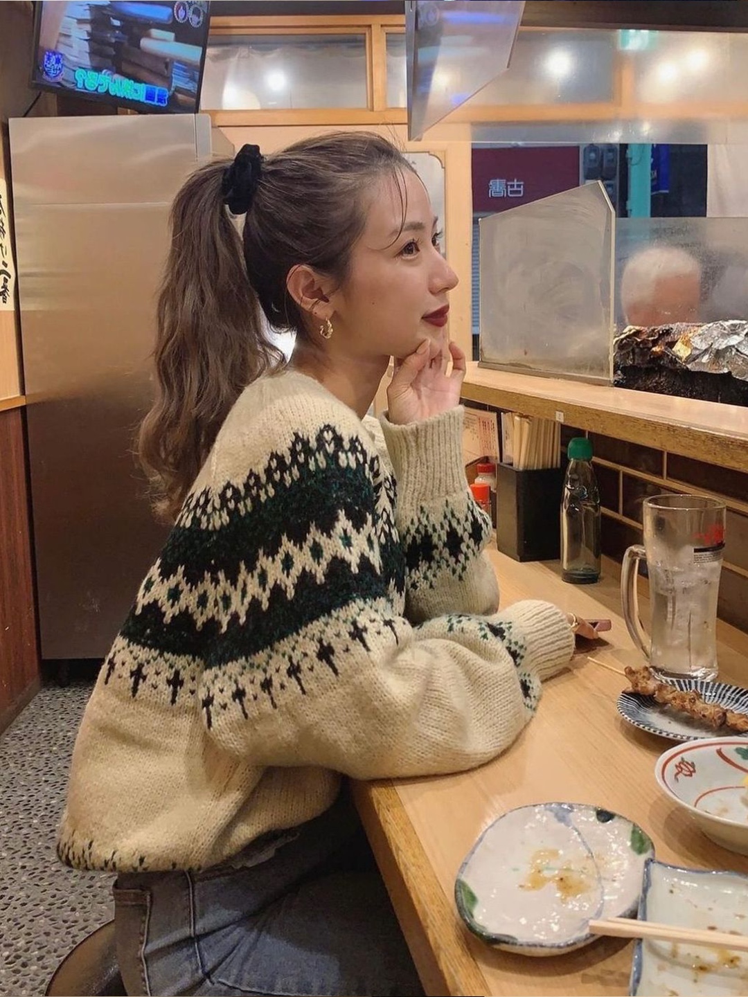 Greenbutter Two-way Dia Nordic Cardigan Cream, South2 West8 Loose Fit Crew Neck Cardigan S2W8 Nordic Purple 착용 스타일 - 5