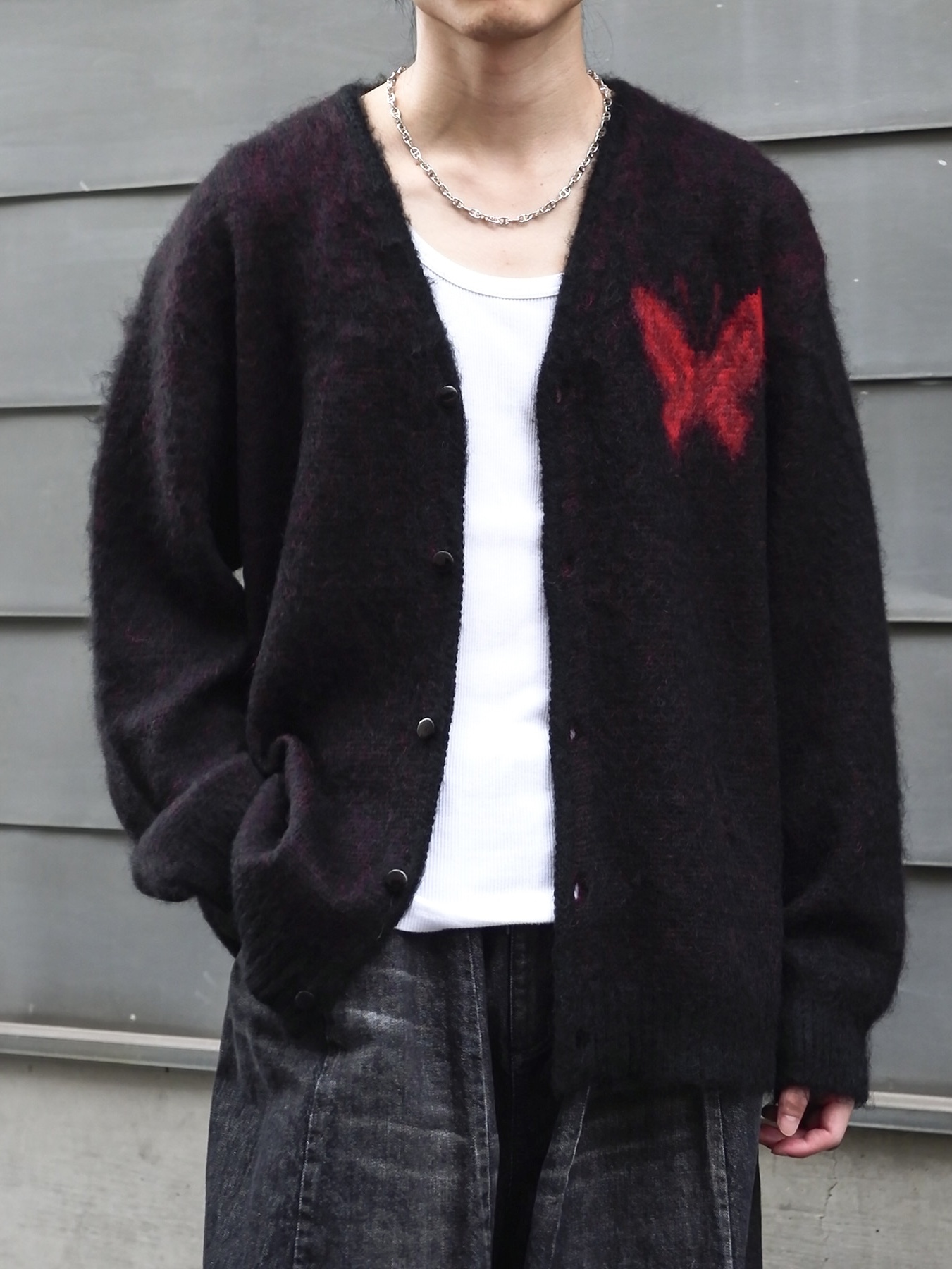 Needles x Studious Mohair Papillon 1 Cardigan Black 착용 스타일 - 2