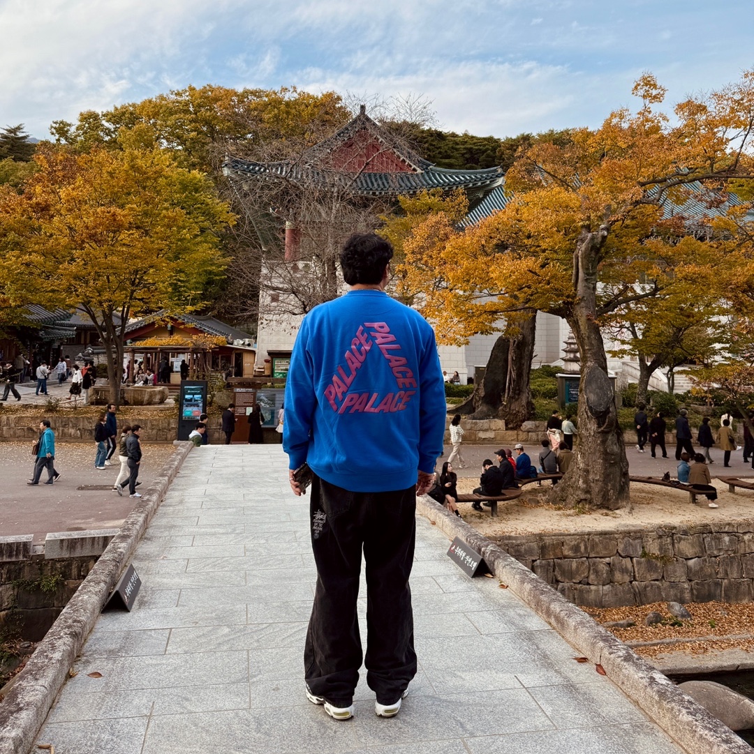 Palace P3 Glitter Crew Blue Berry - 24FW, Stussy Washed Canvas Big OL' Jean Black 착용 스타일 - 1