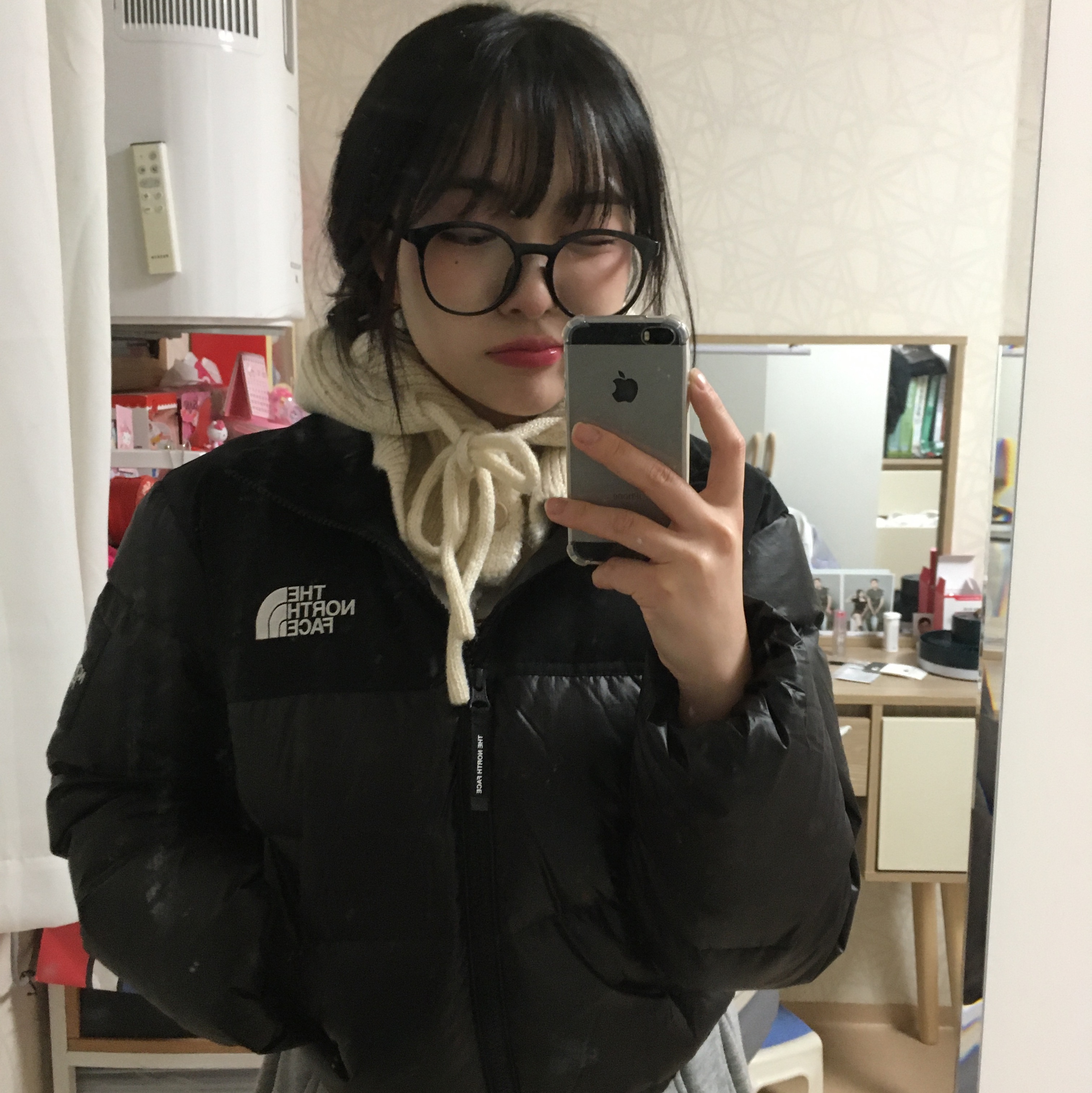 (W) The North Face White Label Novelty Nuptse Down Jacket Black 착용 스타일 - 1