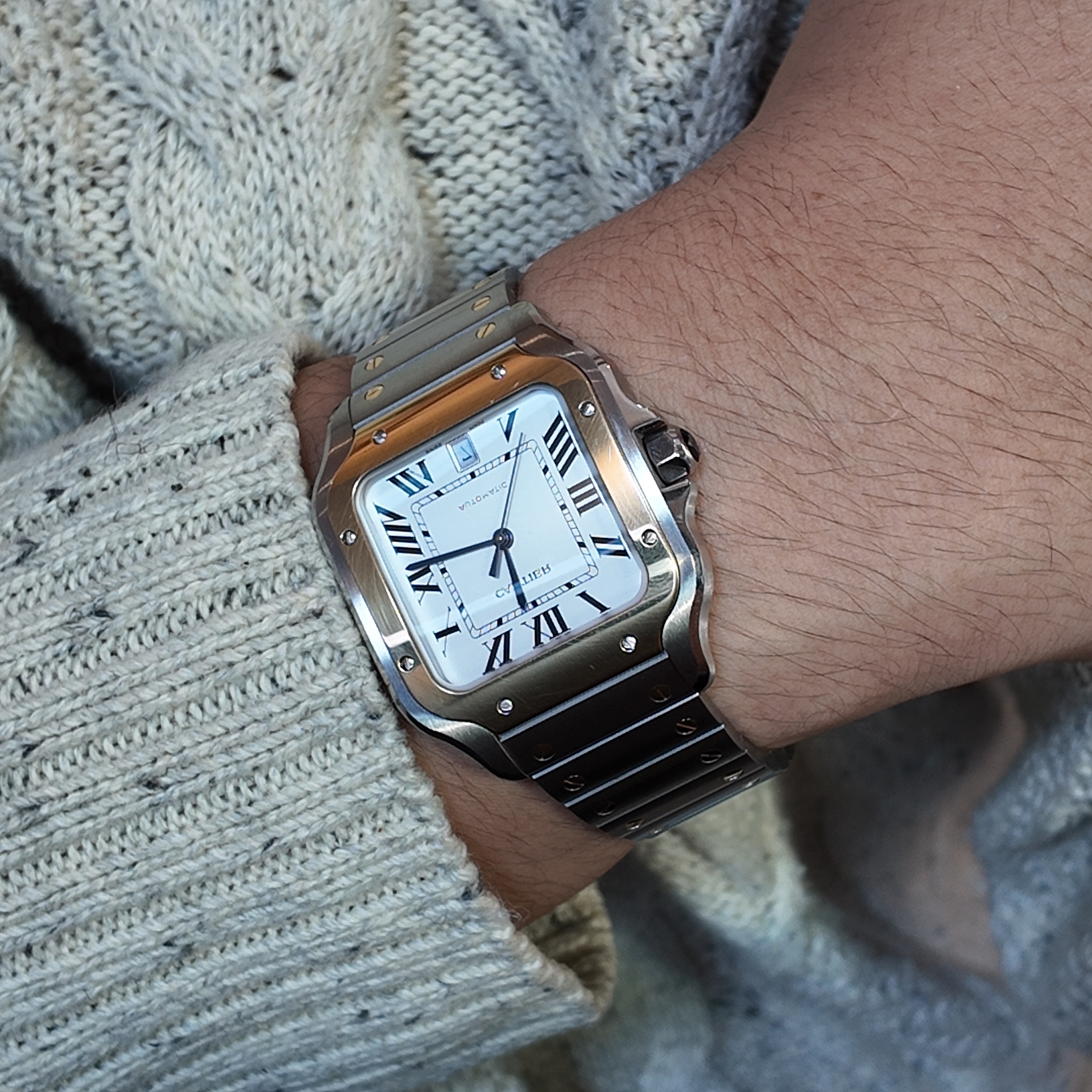 Cartier Santos de Watch Large Automatic Yellow Gold Steel Metal Leather Bracelet 착용 스타일 - 1