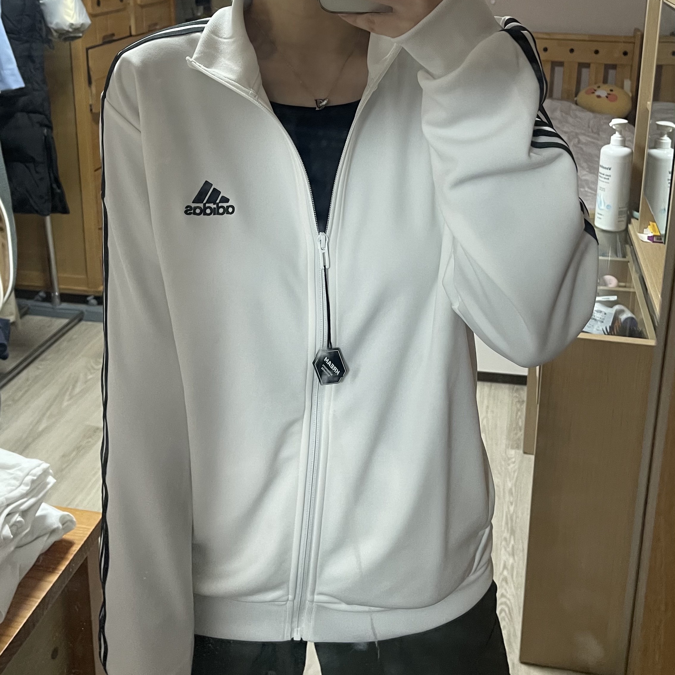 Adidas 3S Regular Fit Double Knit Track Top White - KR Sizing 착용 스타일
