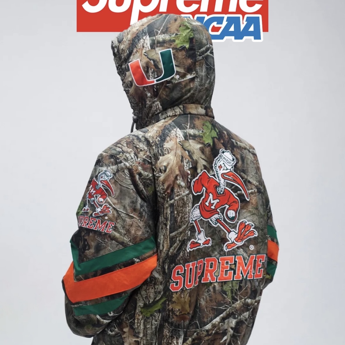 Supreme Mitchell & Ness NCAA Hooded Stadium Jacket TrueTimber Kanati Camo - 24FW 착용 스타일