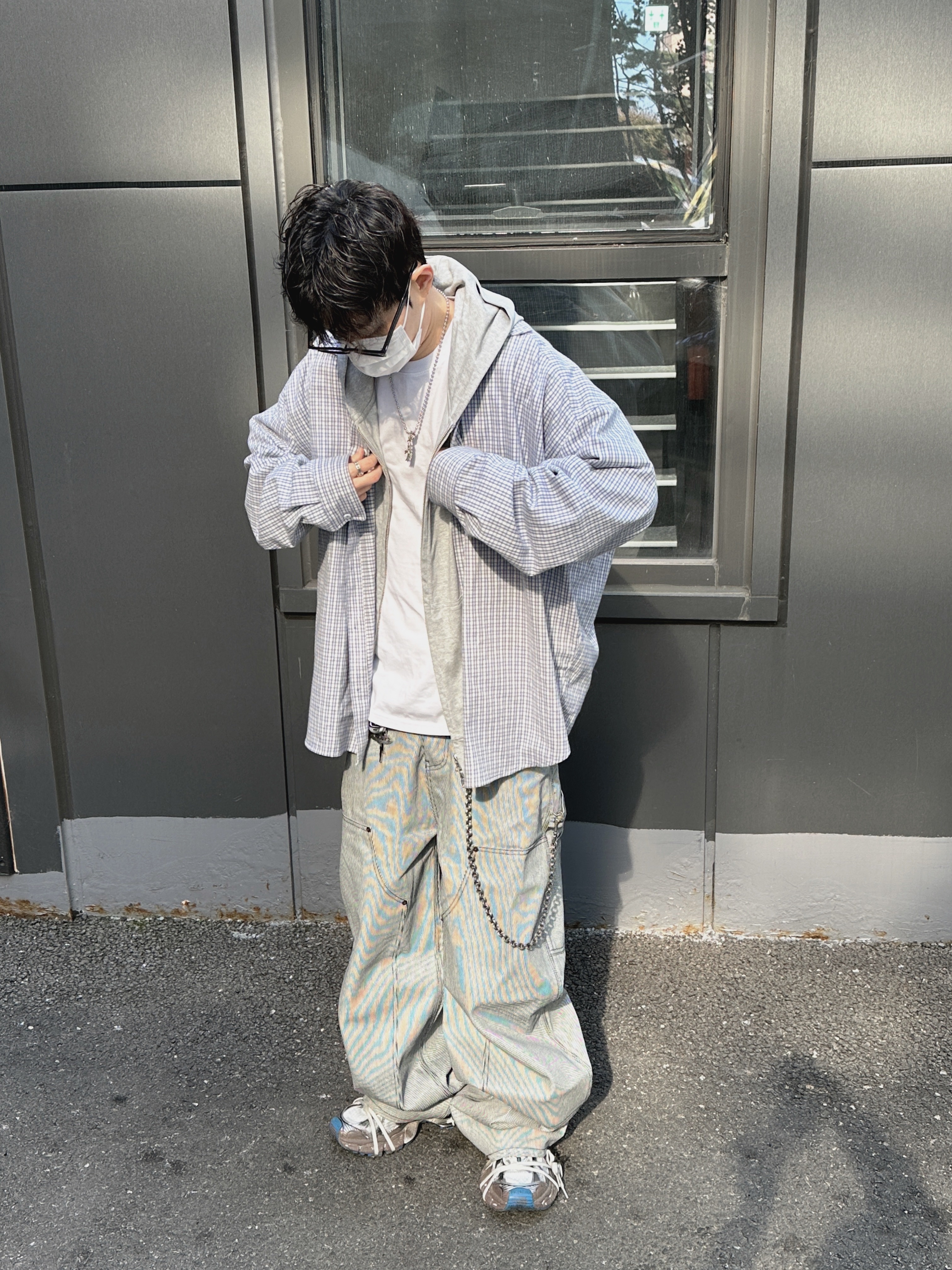 Undermycar Stripe Engineers Double Knee Work Pants Black Stripe - 24FW, Nonnod Flexible String Check Shirt Sky Blue 착용 스타일 - 1