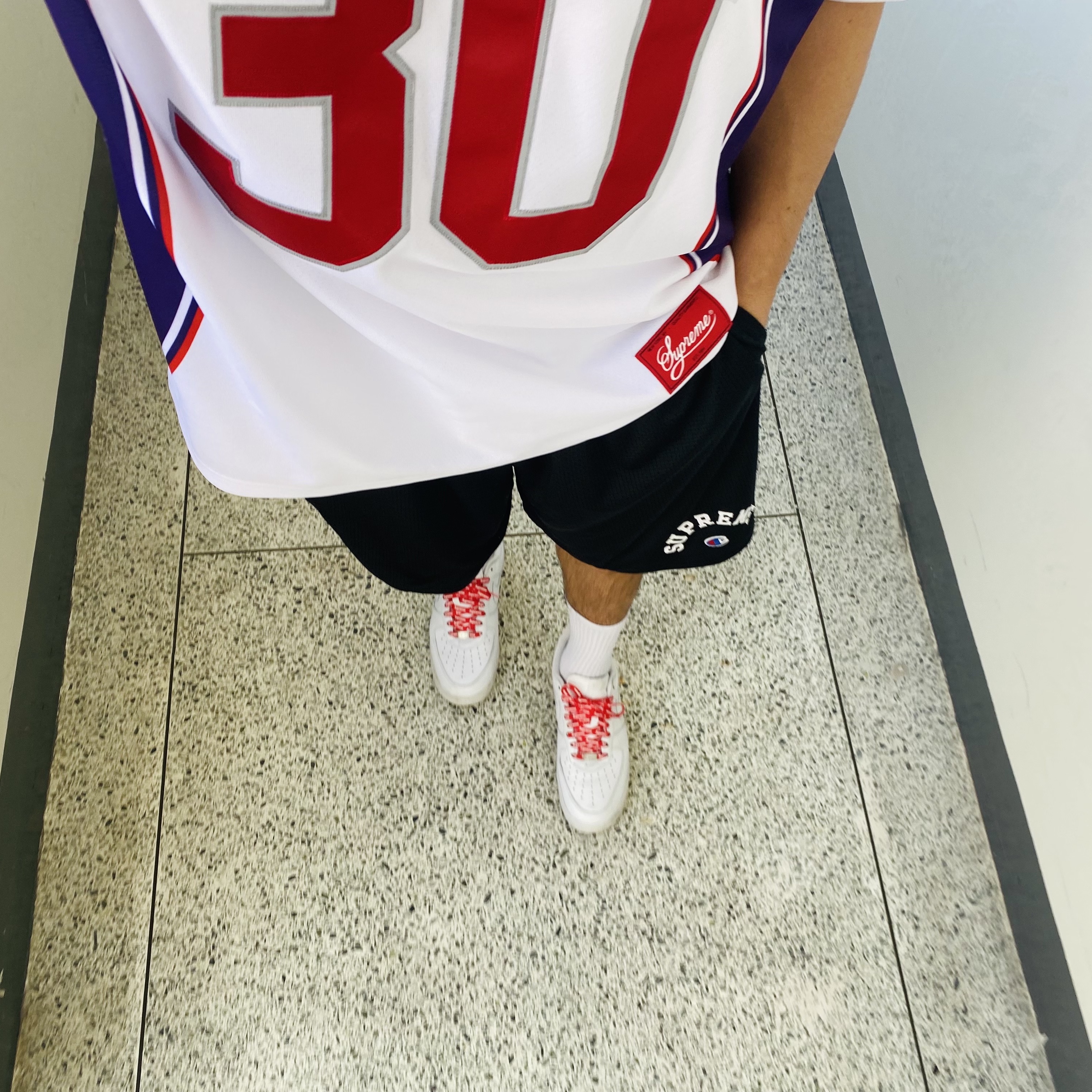 Supreme x Champion Mesh Short Black - 24SS, Supreme Sudden Death Football Jersey White - 24SS 착용 스타일