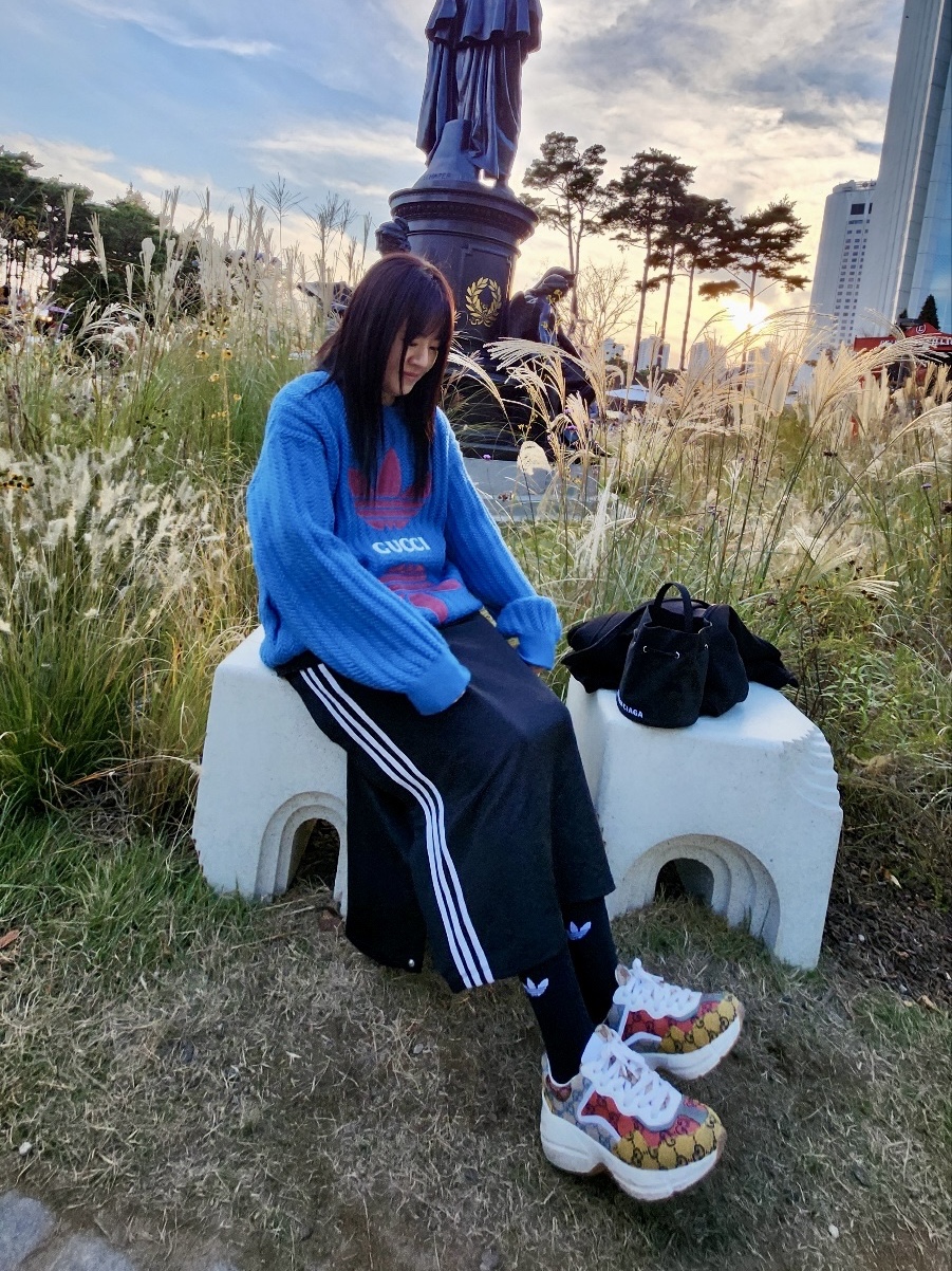 Gucci x Adidas Wool Knit Sweater Blue, (W) Adidas 3S Skirt Black - KR Sizing 착용 스타일 - 3