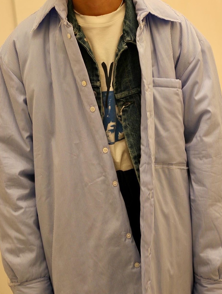 Camiel Fortgens Padded Shirt Blue White Stripe - 24FW 착용 스타일 - 2