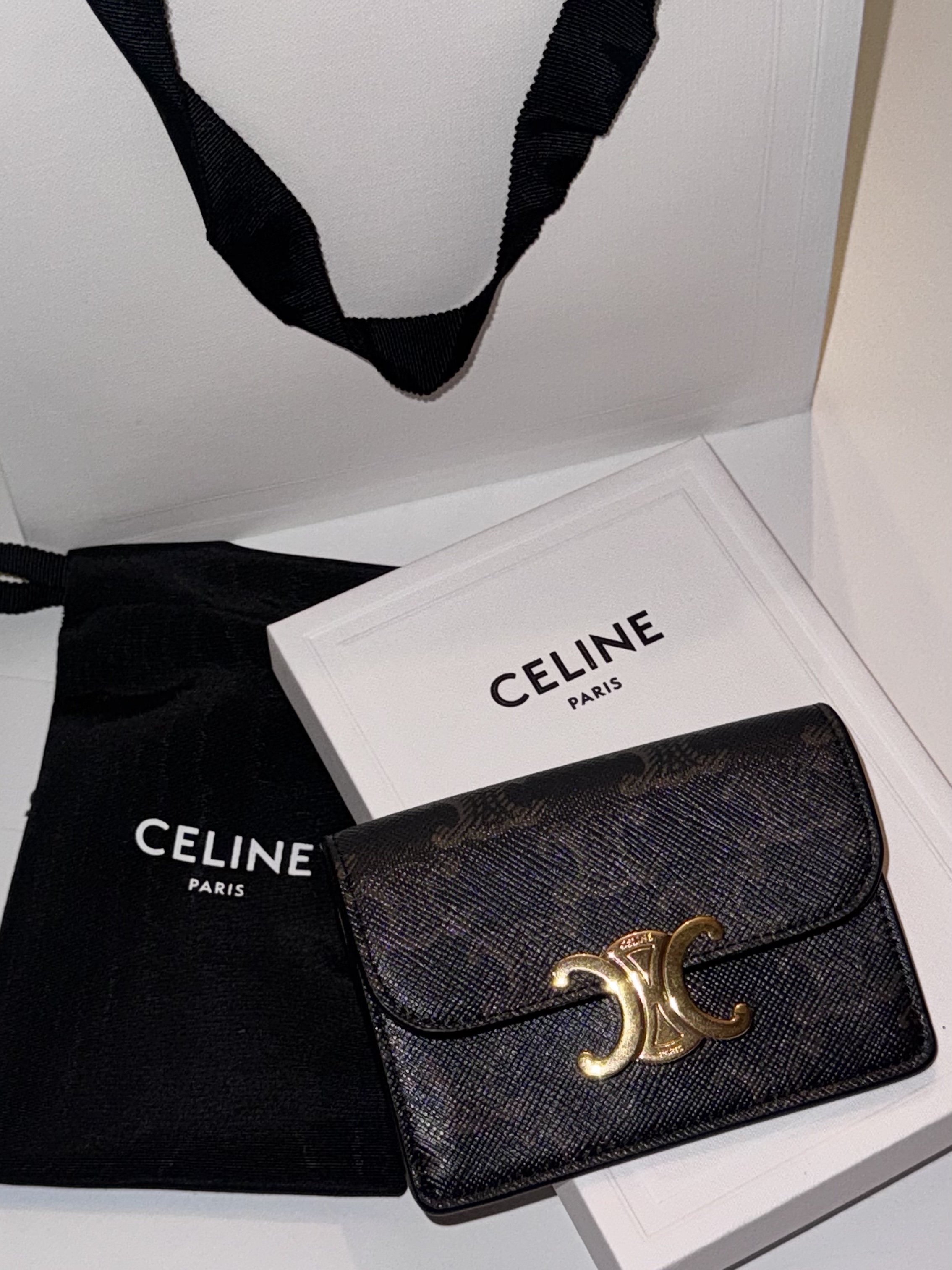 Celine Card Holder with Flap in Triomphe Canvas Tan 착용 스타일 - 1